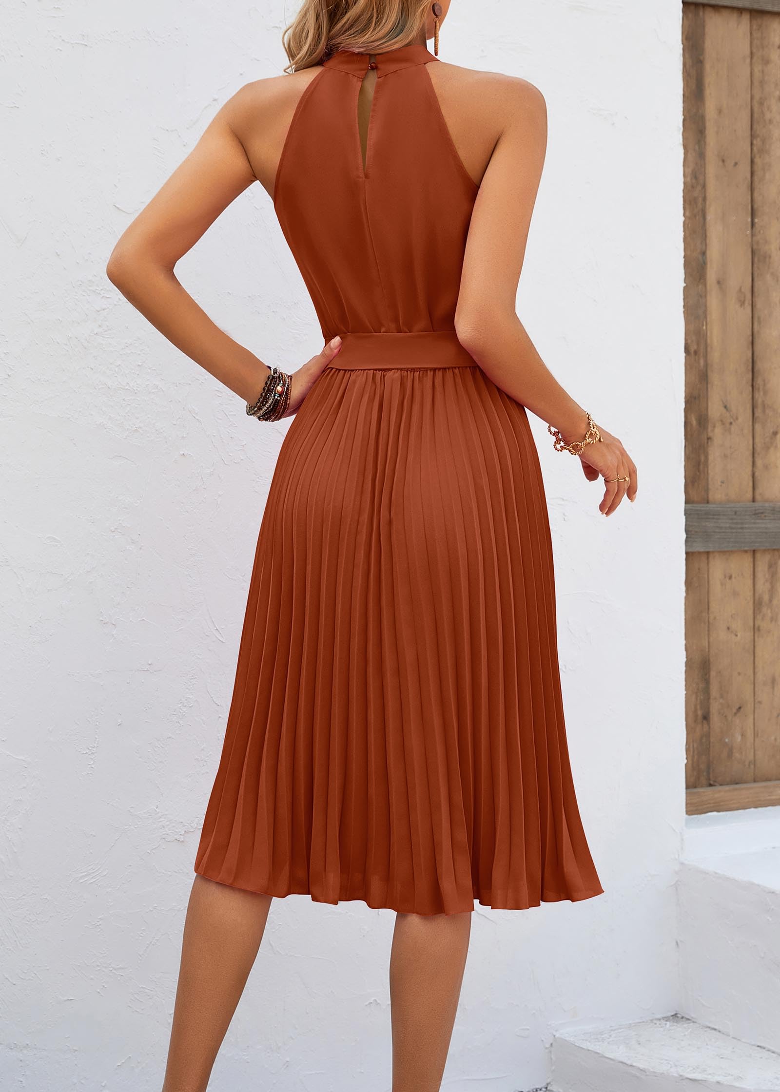 KIRUNDO Women's 2025 Summer Sleeveless Halter Neck Pleated Midi Cocktail Dress with Belt - A-Line Flowy Beach Sun Dress for Parties, Vacations & Outdoor Events