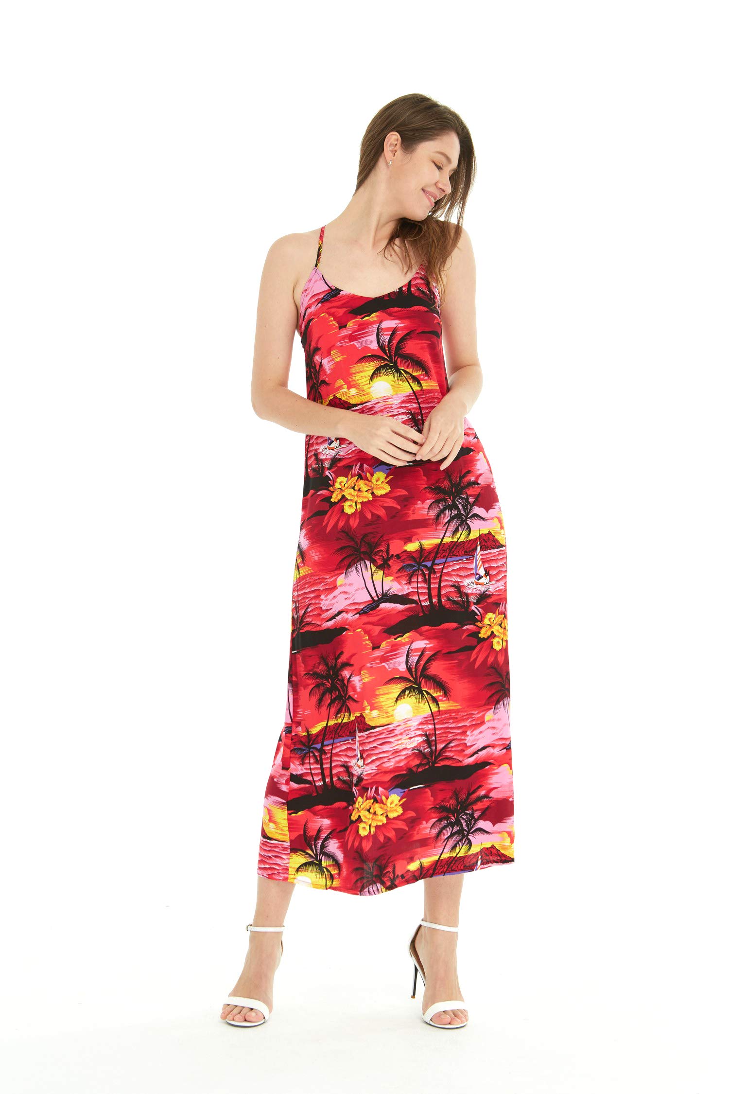 Women's Hawaiian Luau Sunset Blue Maxi Sweetheart Dress - Floral Print Beach Party Dress for Summer Vacation, Tropical Getaway & Boho Festival Outfit