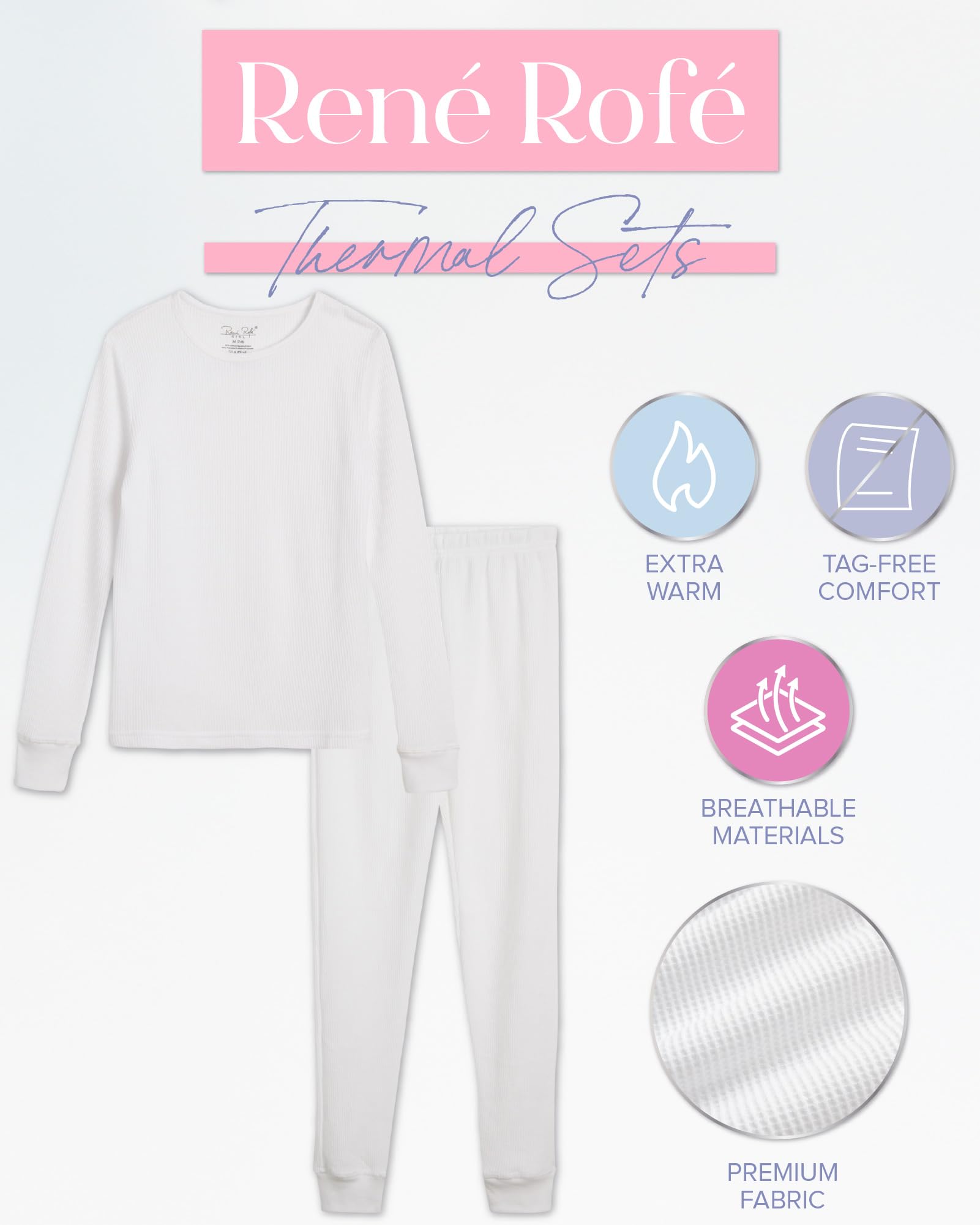 Rene Rofe Girls' Thermal Underwear Set - 4 Piece Waffle Knit Top & Long Johns (2T-16) | Warm Winter Base Layer for Kids | Perfect for Cold Weather, Snow Play & Outdoor Activities
