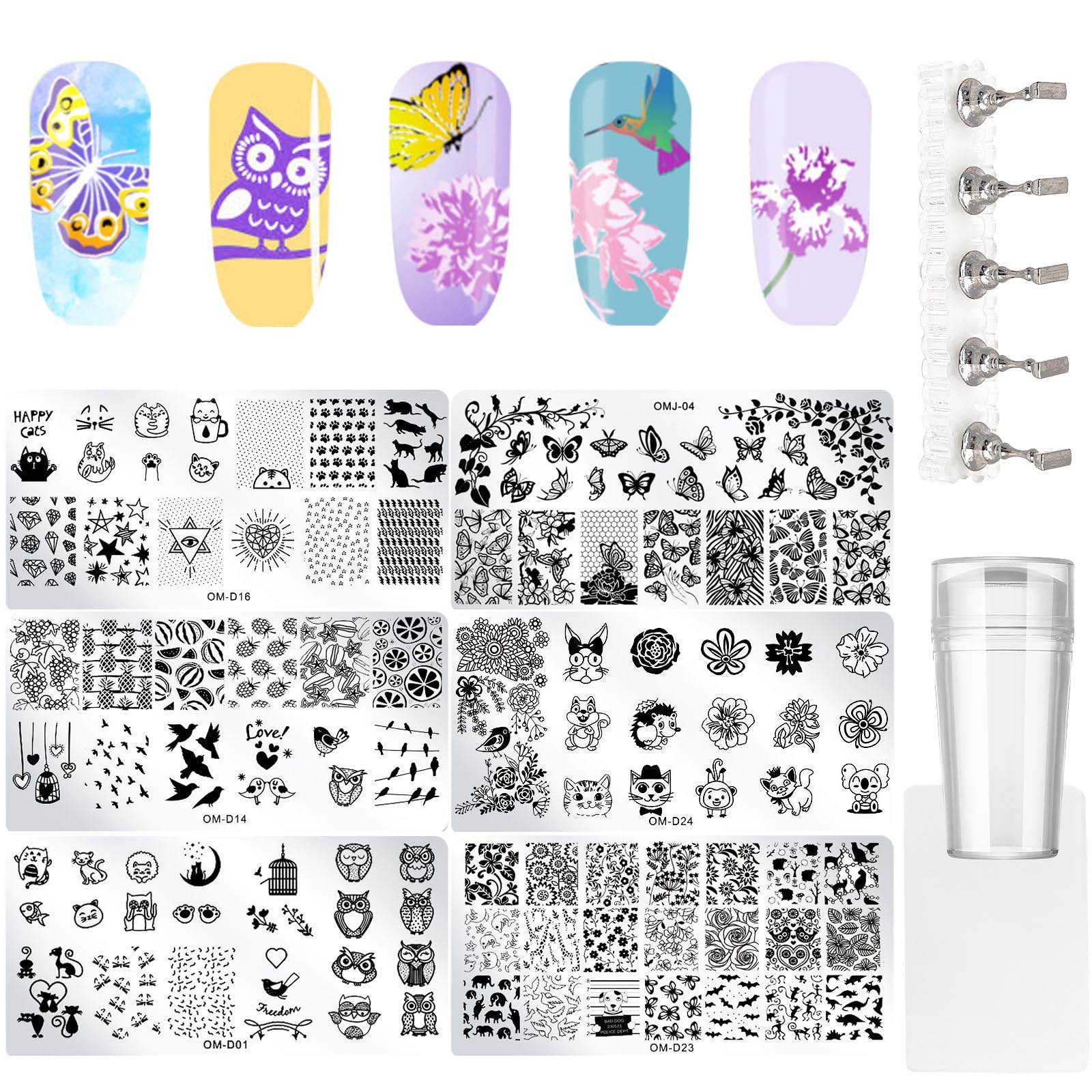 Premium Nail Stamp Plates Set - 6 Reusable Stainless Steel Nail Art Stencils with 5 Magnetic Nail Stands, Stamp & Scraper | Animal, French Line, Butterfly & Hummingbird Designs | DIY Manicure & Nail Art Studio Essentials for Home & Salon Use