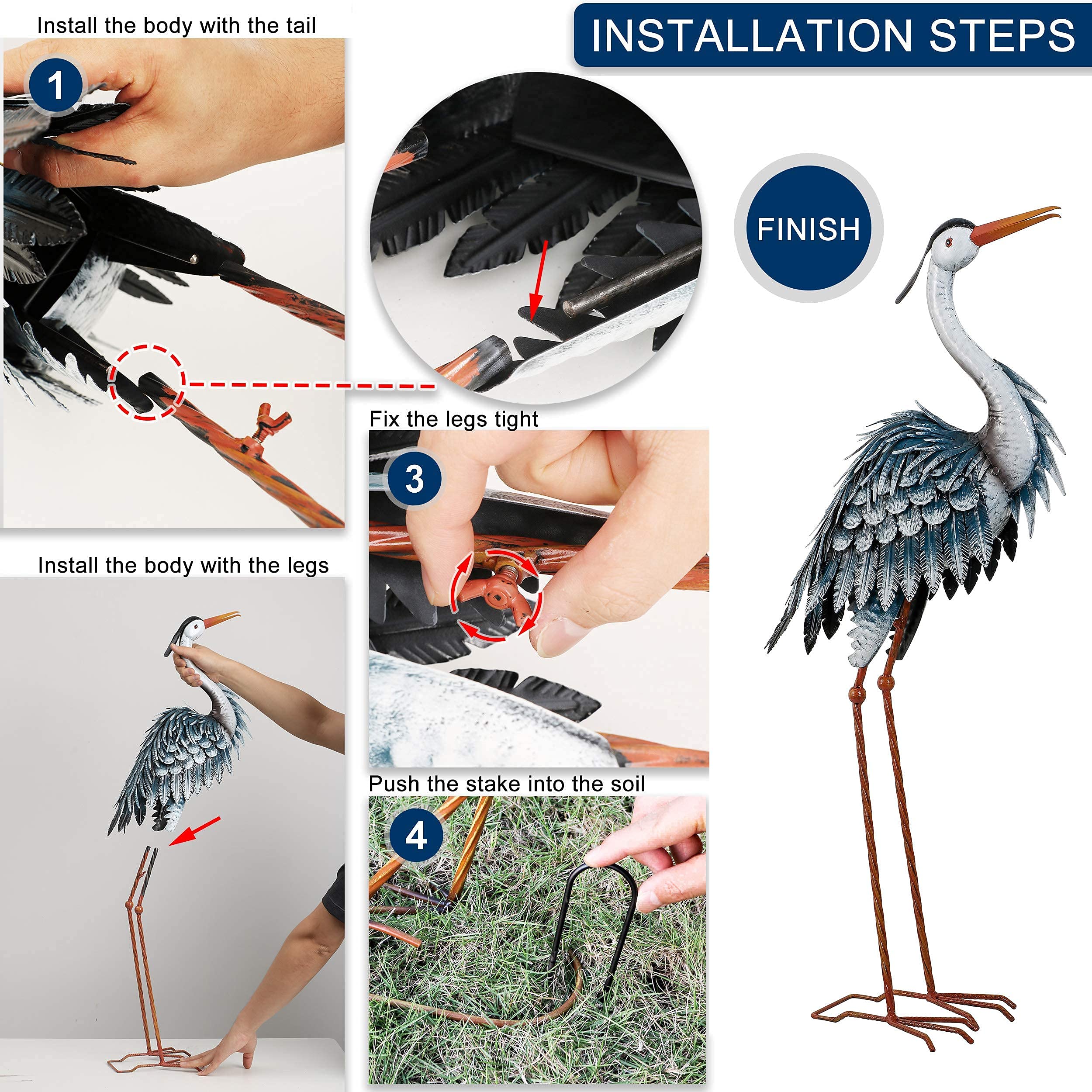 Large Metal Blue Heron Statues for Outdoor & Indoor Decor - Set of 2 (37-40.7