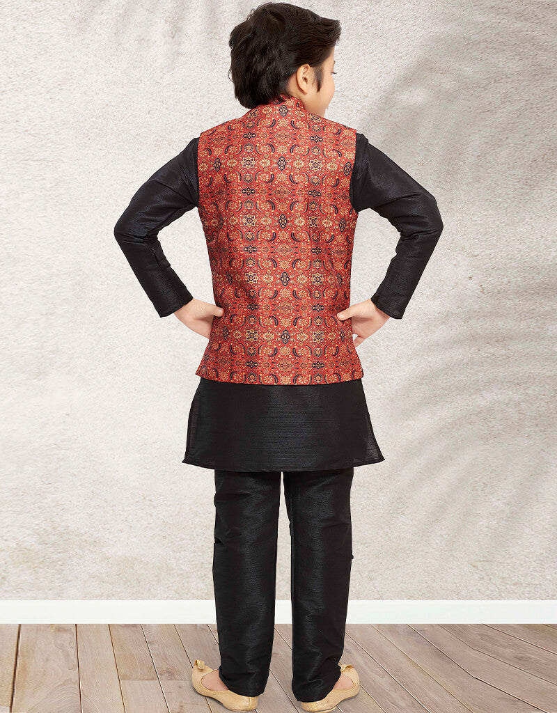 Elegant Black Kurta Pajama Set - Premium Banarasi Silk with Traditional Print - Perfect for Festivals, Weddings & Ethnic Occasions