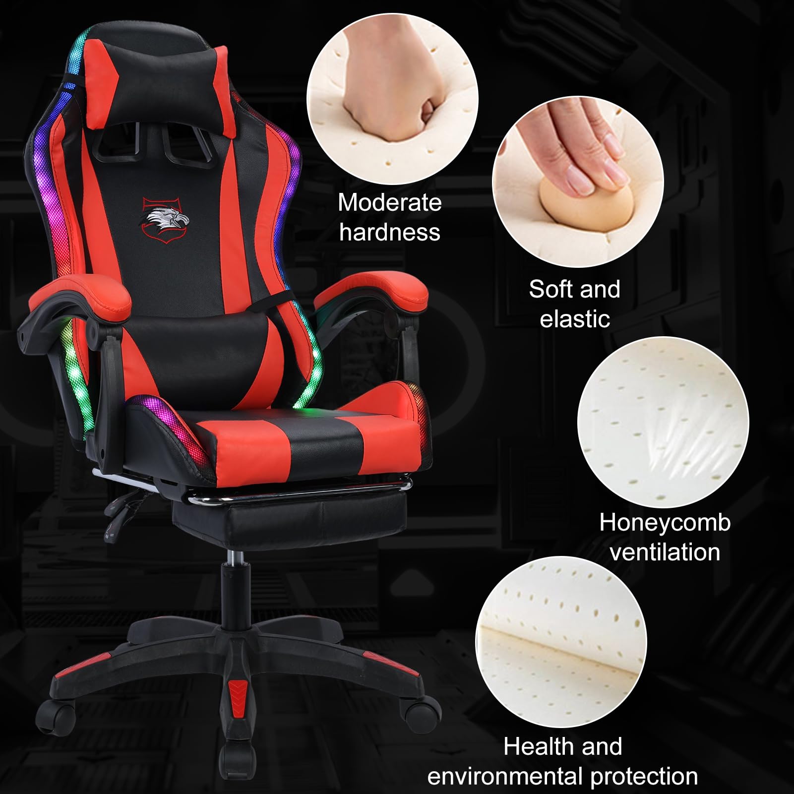 Ergonomic Gaming Chair with Bluetooth Speakers & RGB LED Lights - Adjustable Footrest, Lumbar Massage Support - 400lb Capacity Office Computer Desk Chair for PC & Console Gaming (Black & Red) - Perfect for Esports, Streaming & Home Office Setup