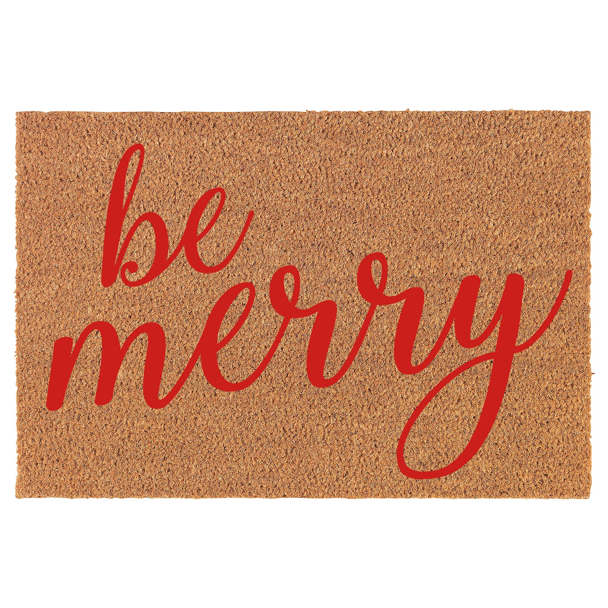 Natural Coco Coir Doormat - Christmas 'Be Merry' Red Design (24x16 Inches) - Non-Slip Entryway Rug for Holiday Home Decor & Front Door Welcome Mat