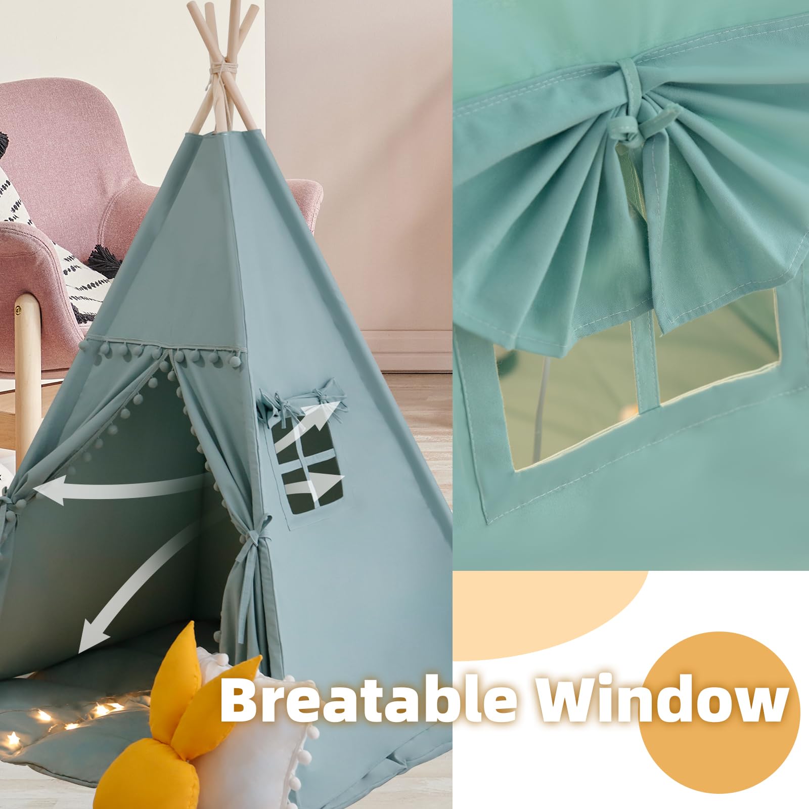 Kids Teepee Tent with Mat & Star Lights - Portable Indoor/Outdoor Playhouse for Camping & Playtime