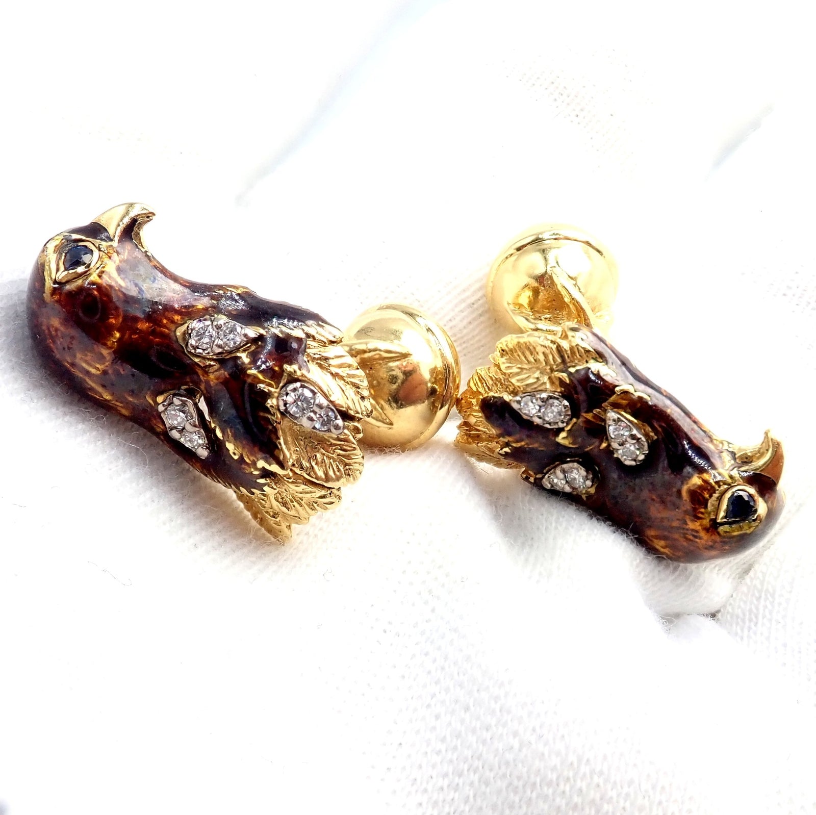 Vintage Tiffany & Co. 18k Yellow Gold Diamond Enamel Falcon Eagle Bird Cufflinks - Luxury Men's Jewelry Gift for Formal Events & Business Occasions