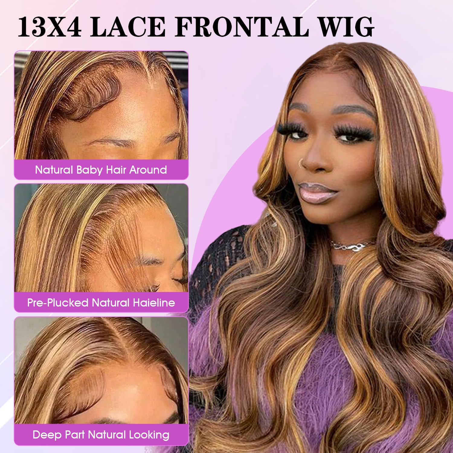 13x4 HD Ombre Lace Front Human Hair Wig - 30 Inch Body Wave with Baby Hair & Pre-Plucked Hairline | 180% Density Glueless Lace Wig for Daily Wear, Parties & Special Occasions
