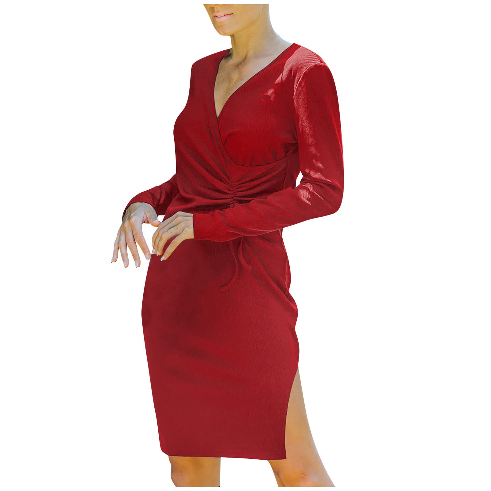 Jsarle Women's Long Sleeve Bodycon Midi Dress - V Neck Tie Front Casual Dress for Wedding Guest, Cocktail Party & Office Wear | Elegant Slim Fit Stretchy Knit Dress for Fall Winter