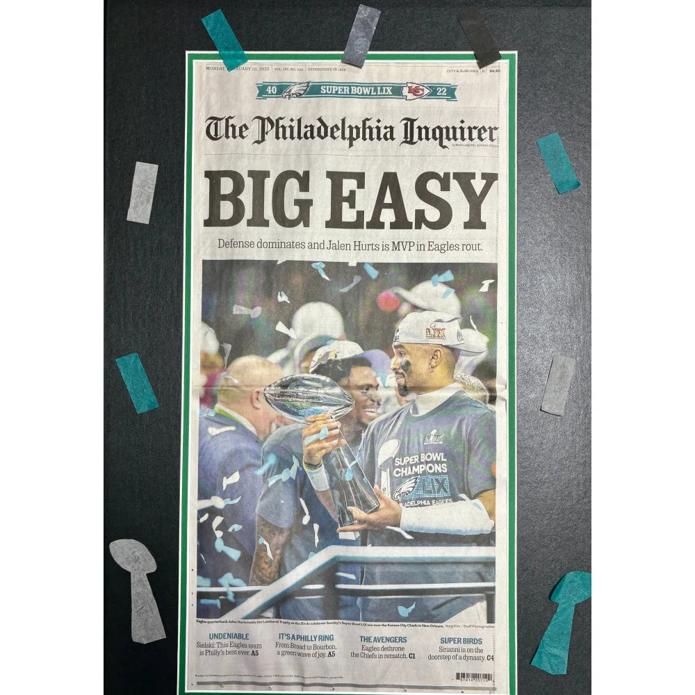 Philadelphia Eagles Super Bowl 59 Champions Framed Newspaper with Confetti - Authentic Inquirer Front Page - Perfect for Eagles Fans, Sports Memorabilia Collectors & Man Cave Decor