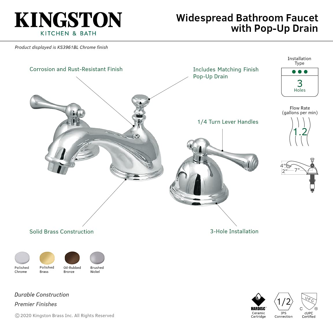 Kingston Brass KS3961BL 8-Inch Widespread Bathroom Faucet with Brass Pop-Up Drain, Polished Chrome Finish - Perfect for Vintage Style Bathroom Vanities and Powder Rooms