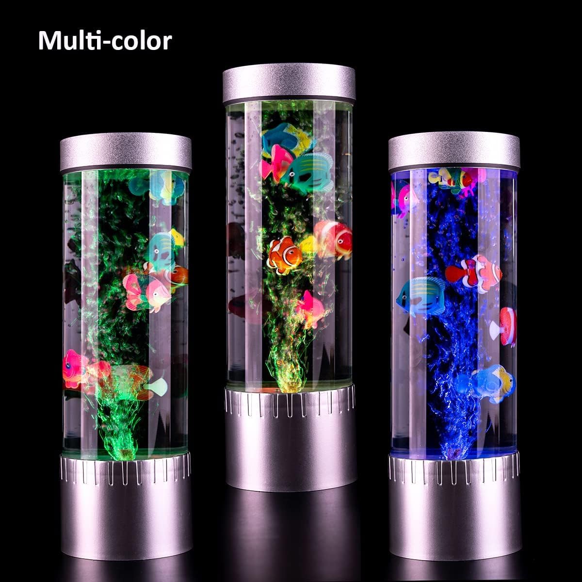 Bubble Fish Lamp with 6 Floating Artificial Fish – LED Aquarium Night Light with Moving Fish & Bubbles – Cylindrical Clear Tank for Kids Room, Office Decor & Living Room – Relaxing Mood Light for Bedtime, Stress Relief & Home Decoration