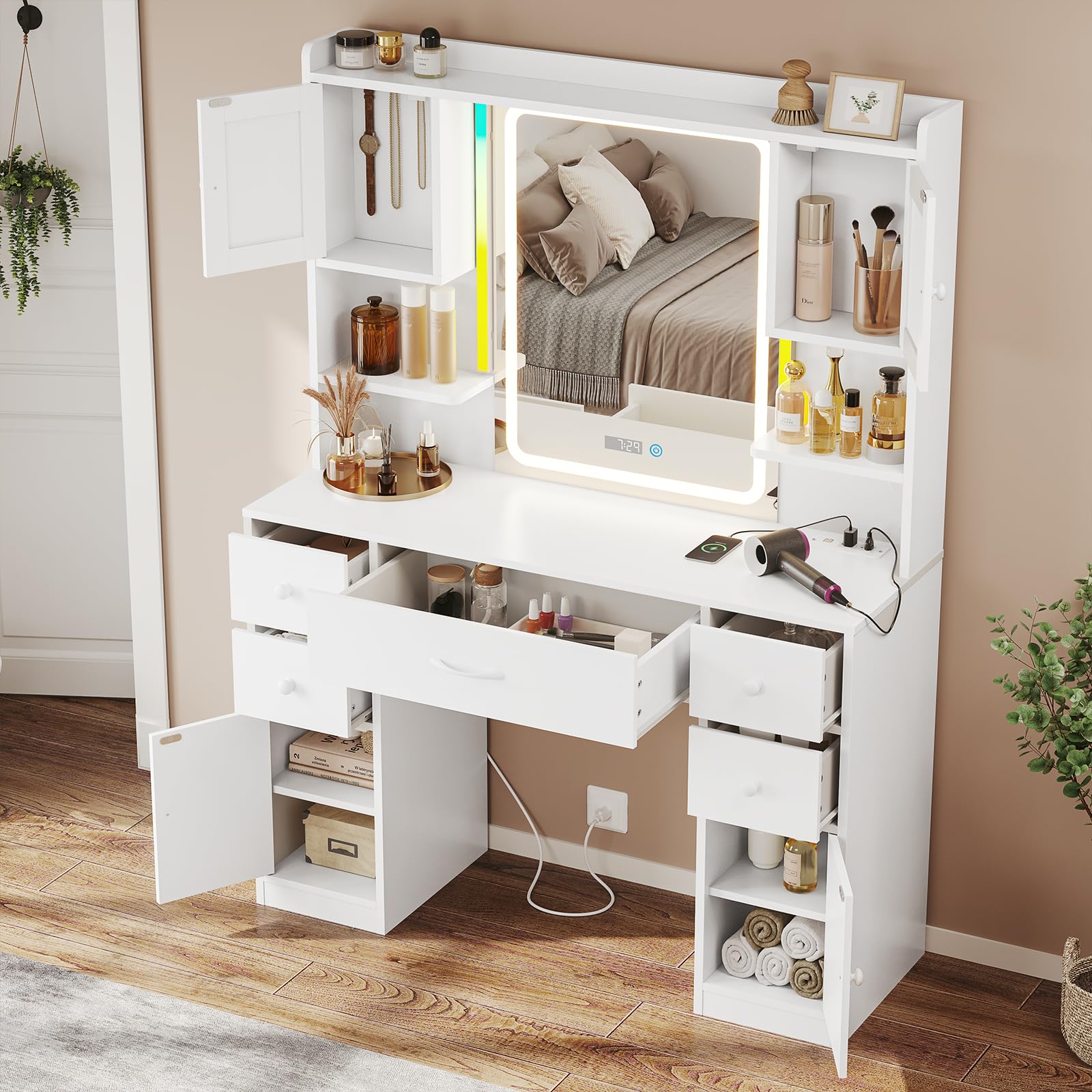 Tiptiper White Vanity Desk with LED Mirror & Digital Clock - Makeup Dressing Table with 5 Drawers, 4 Cabinets, Power Outlet & Ambient Lighting - Perfect for Bedroom, Dorm Room & Beauty Salon