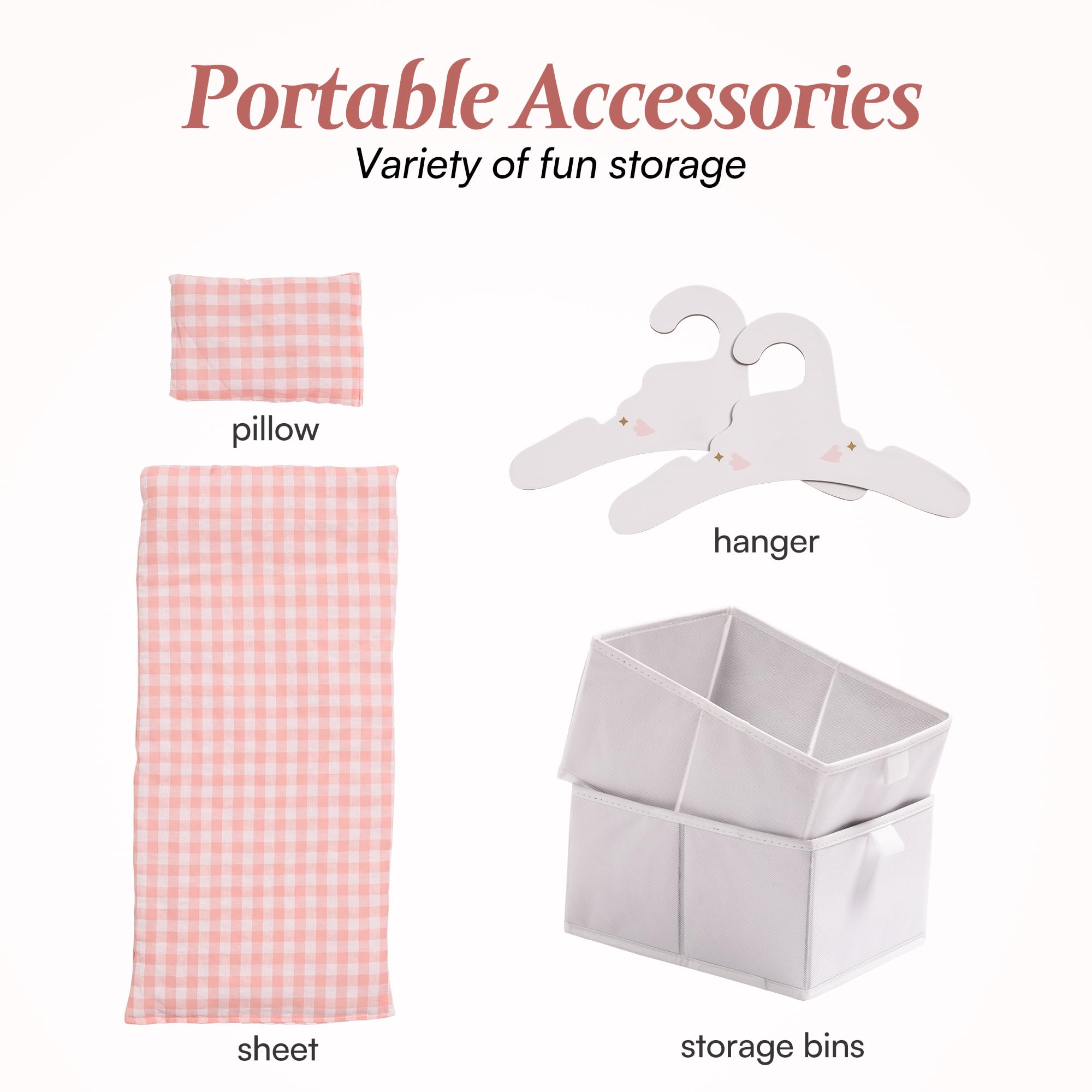 ROBOTIME Pink Wooden Doll Crib with Storage & Bedding - 21
