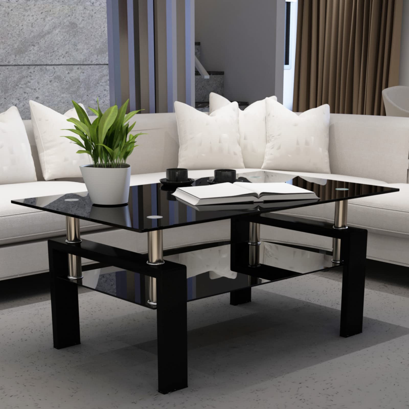 Modern 2-Tier Glass Coffee Table with Storage Shelf - Black Center Table for Living Room | Stylish Living Room Furniture | Perfect for Small Spaces & Entertaining Guests
