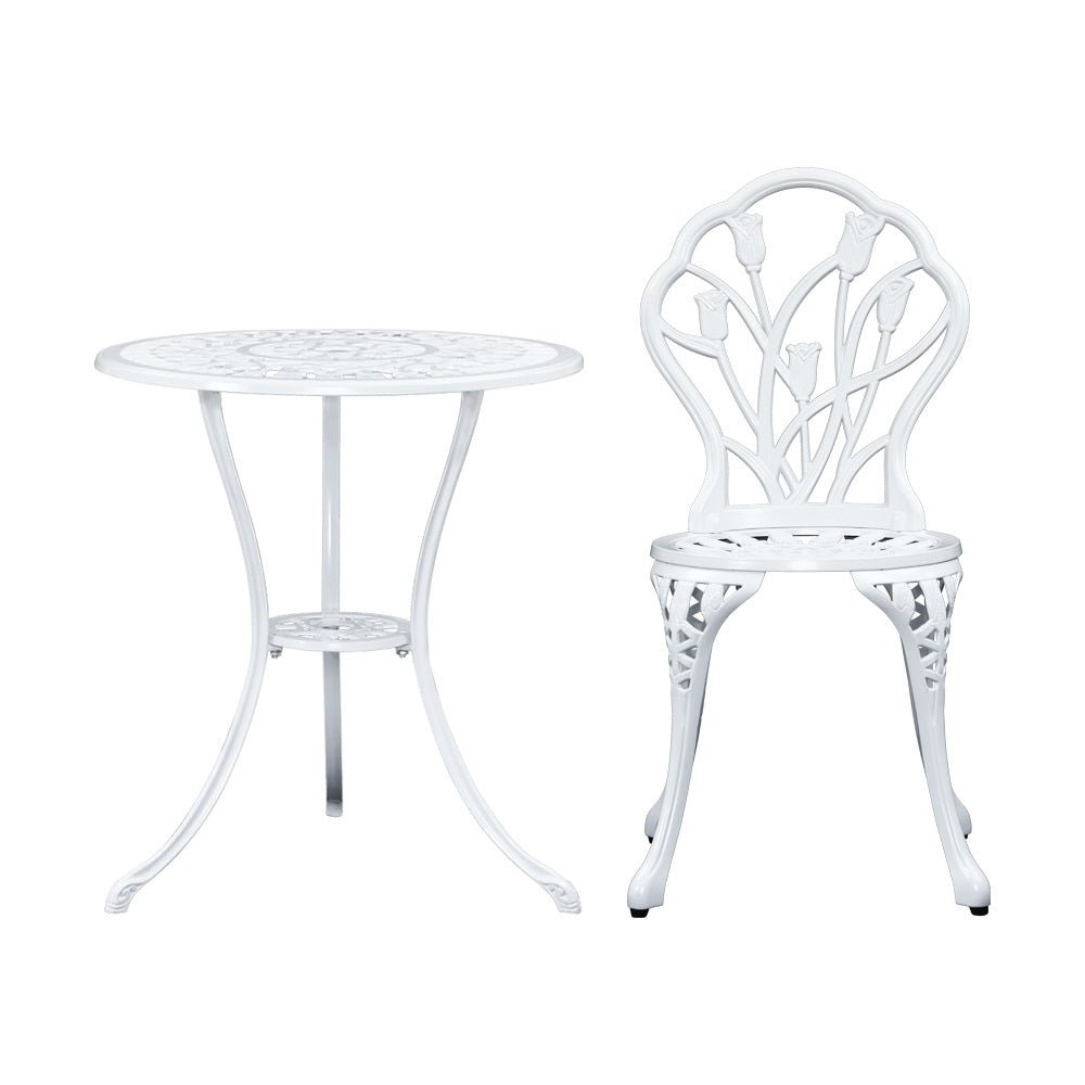 3-Piece Outdoor Bistro Set - White Tulip Cast Aluminum Patio Table and Chairs for Garden, Balcony & Backyard Dining | Weather-Resistant Patio Furniture