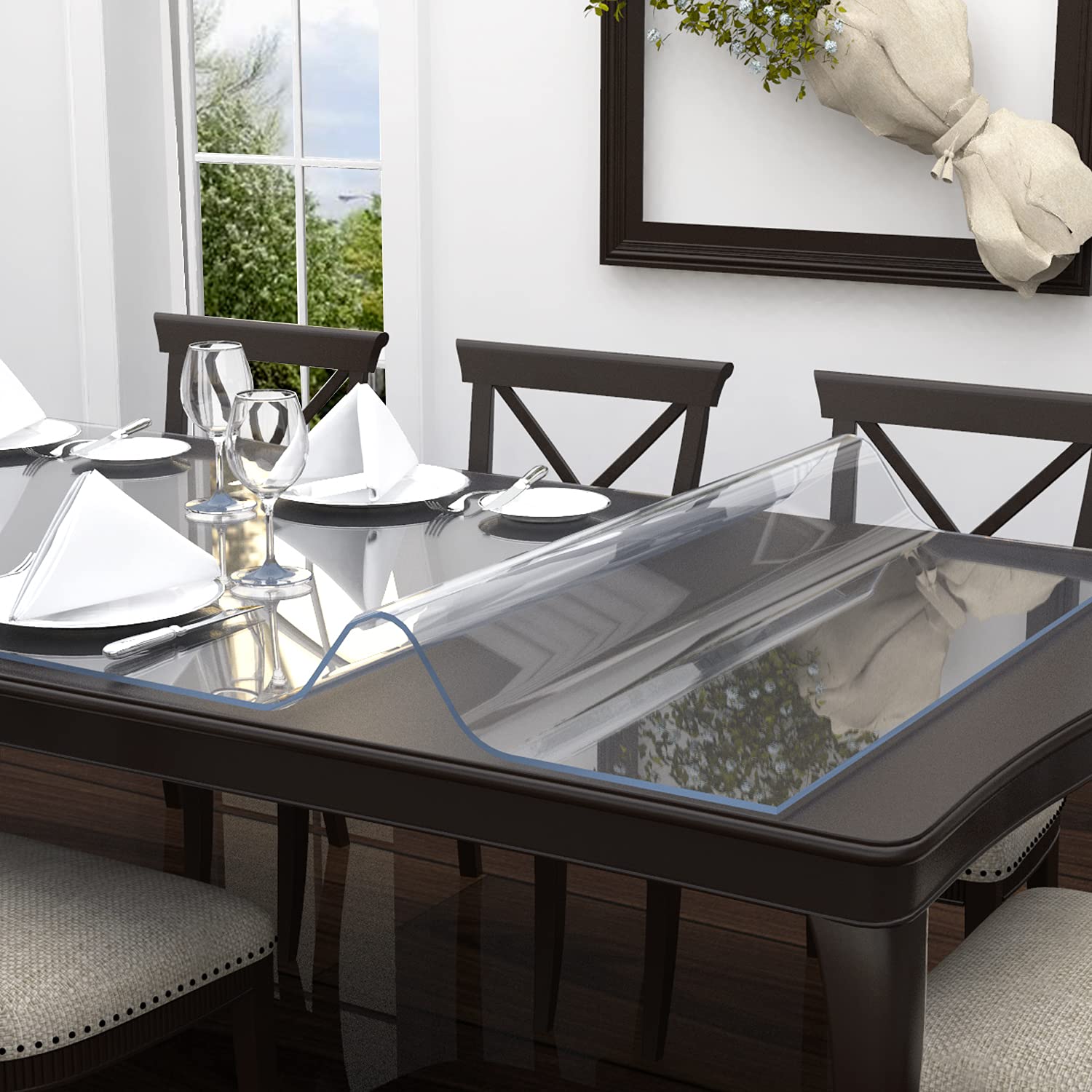 ETECHMART 32 x 48 Inch Clear PVC Table Cover Protector - 1.5mm Thick Waterproof Vinyl Tablecloth for Kitchen, Dining, Office & Coffee Tables - Durable Plastic Desk Pad Mat for Writing, Crafting & Dining Protection