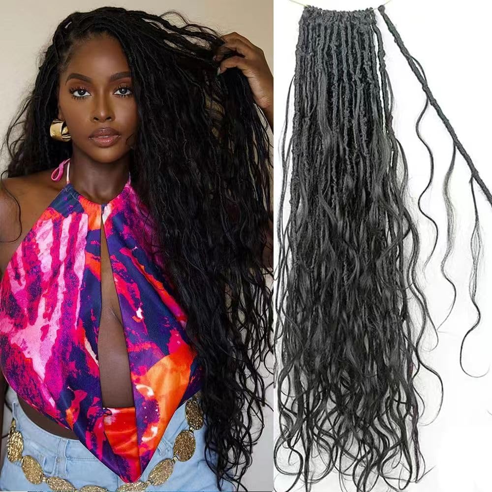 Pre-Lopped Crochet Boho Locs Braiding Hair with Human Hair Curls - 18inch 48 Strands (2 Pack) - Natural Body Wave Goddess Locs with Curly Ends for Boho Dreadlocks | Perfect for Protective Styles, Natural Hair Extensions & Festival Hairstyles
