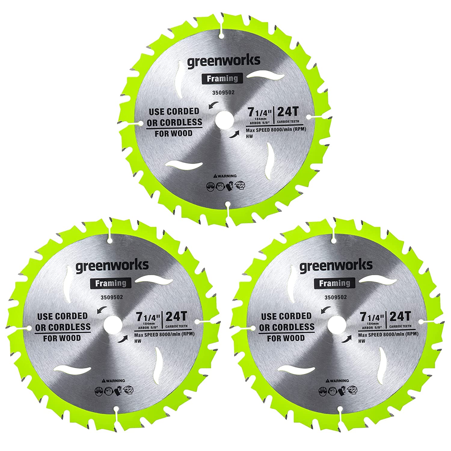 Greenworks 24V 7-1/4 Inch 24T Circular Saw Blades - 3 Pack | Premium Replacement Blades for Wood Cutting | Perfect for DIY Projects, Home Renovations & Professional Carpentry Work