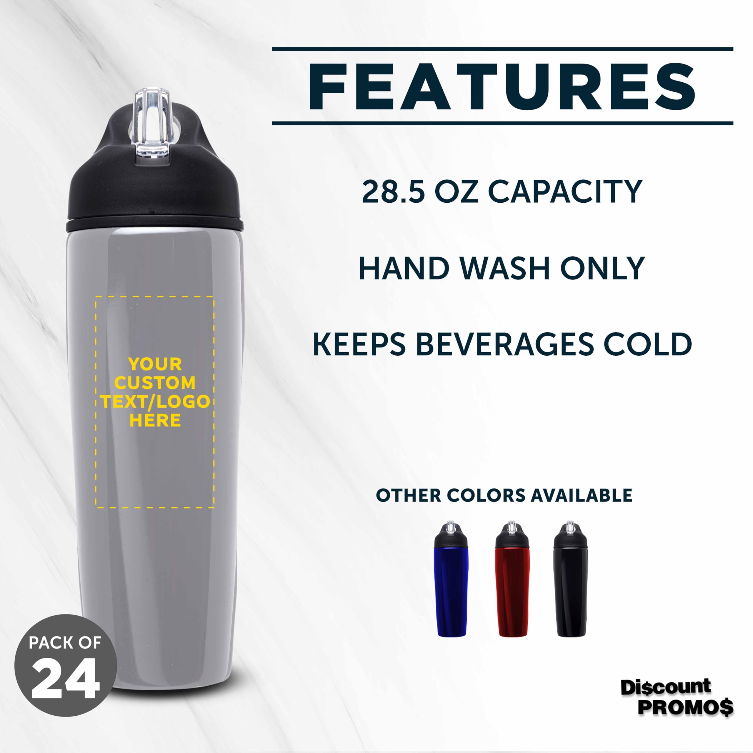 Custom Stainless Steel Water Bottle 24 Pack - Personalized Text & Logo - 28.5 oz Metal Sports Bottles with Flip Top Lid - Easy Carry Handle - Silver - Perfect for Team Sports, Gym, Outdoor Activities & Corporate Gifts