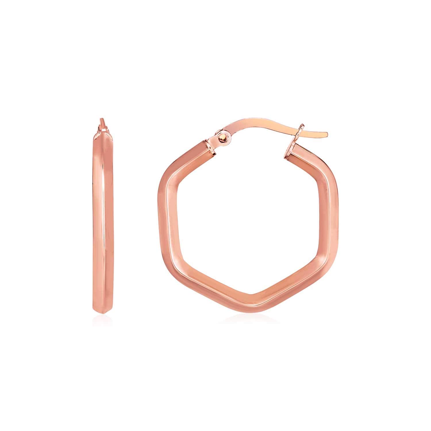 14K Rose Gold Hexagon Hoop Earrings for Women - Shiny Geometric Dangle Earrings for Everyday Wear & Special Occasions