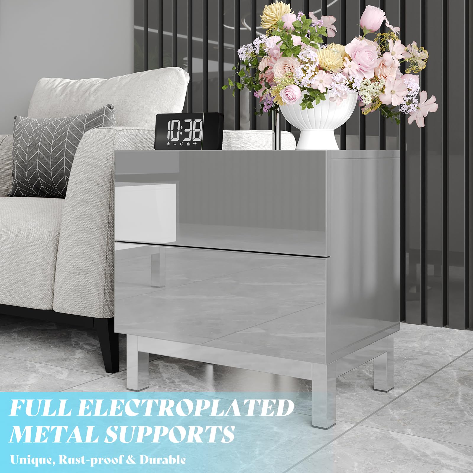 AMERLIFE High Gloss Electroplated 3-Piece Coffee Table Set - Modern Minimalist Living Room Furniture with Center Table & 2 End Tables, Rectangular Sofa Side Tables with Storage Drawers in Gray - Perfect for Small Spaces, Apartments and Contemporary Home Decor