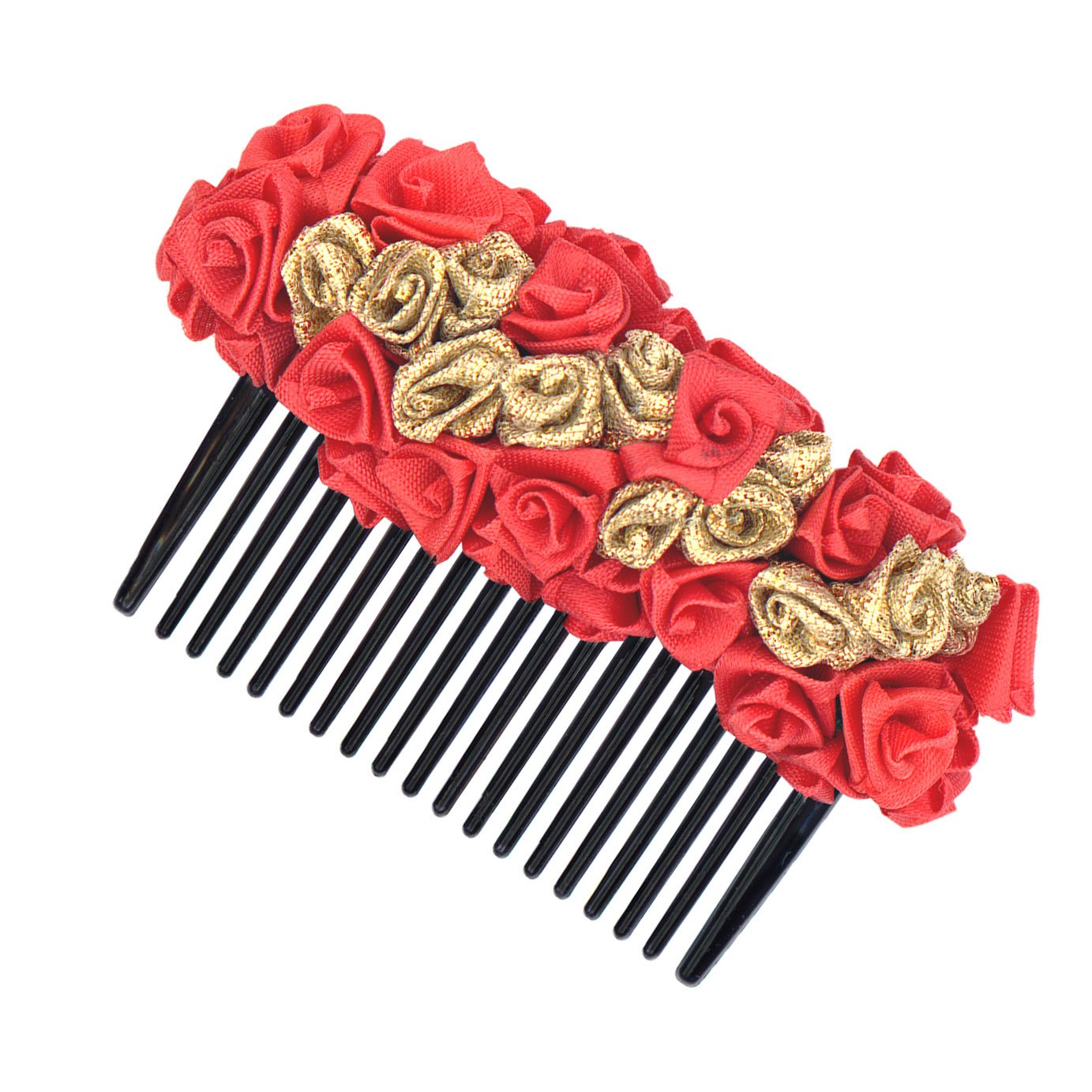 Gajra Style Red and Gold Rose Hair Comb for Weddings, Parties & Traditional Events | Elegant Bridal Hair Accessory