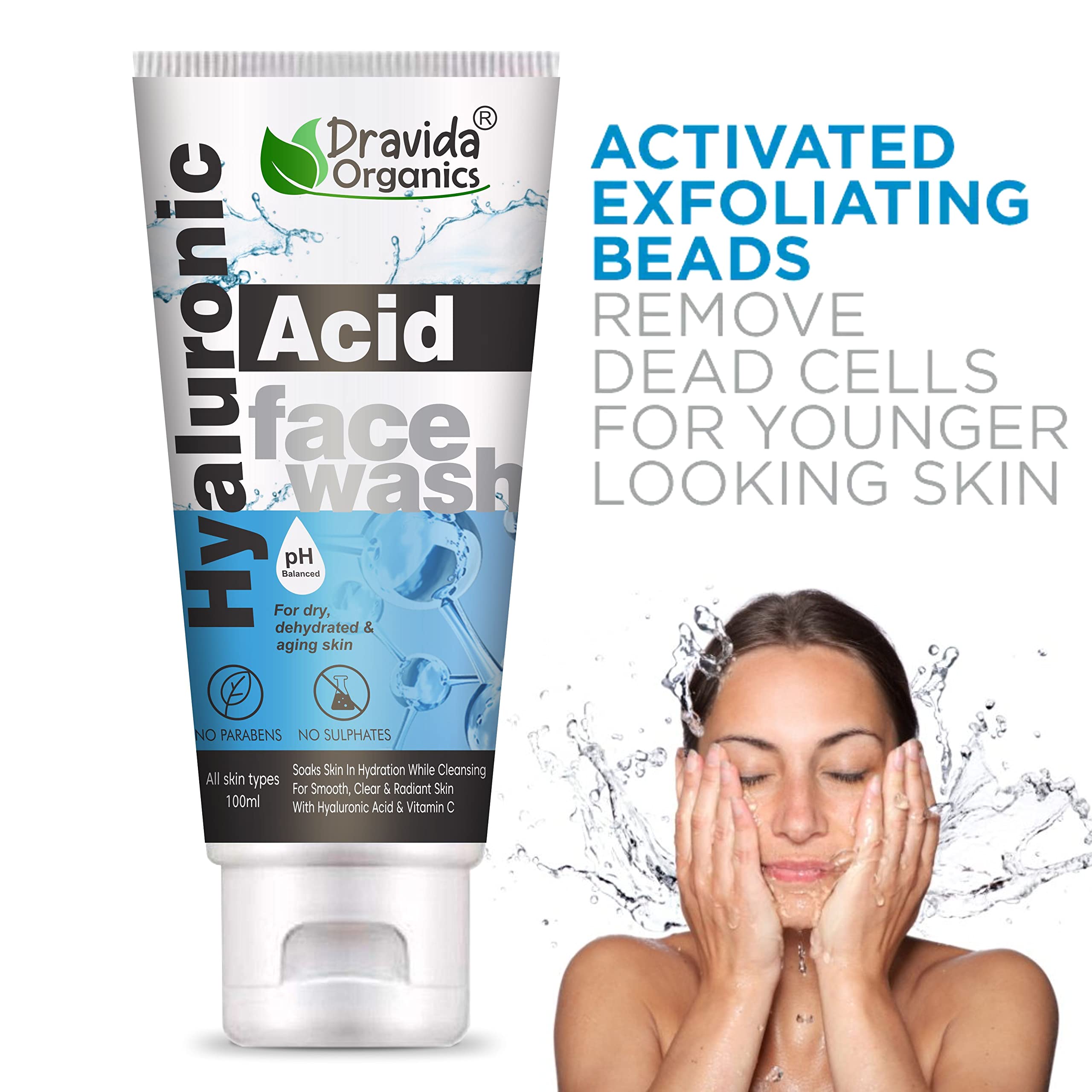 Dravida Organics Hyaluronic Acid Face Wash - Gentle Cleansing for Women & Men, 100ml - Hydrates & Refreshes Skin for Daily Use, Morning & Night Routine