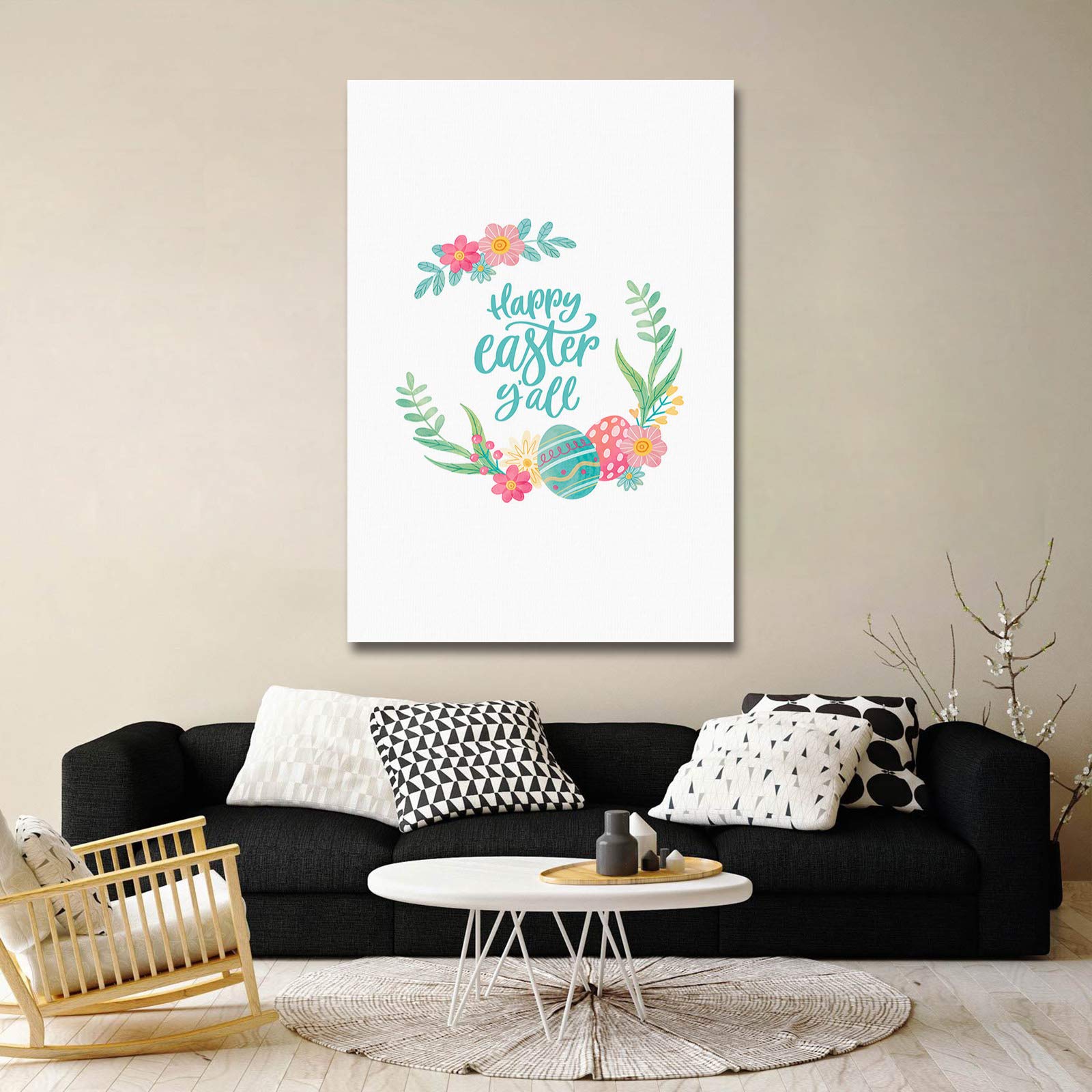 Happy Easter Floral Canvas Wall Art 36x24in - Colorful Easter Egg Decor for Living Room & Bedroom