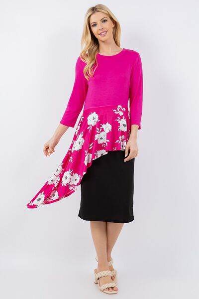 Celeste Floral Print Asymmetrical Hem Round Neck Blouse - Plus Size Women's Tops for Casual Wear & Summer Outfits