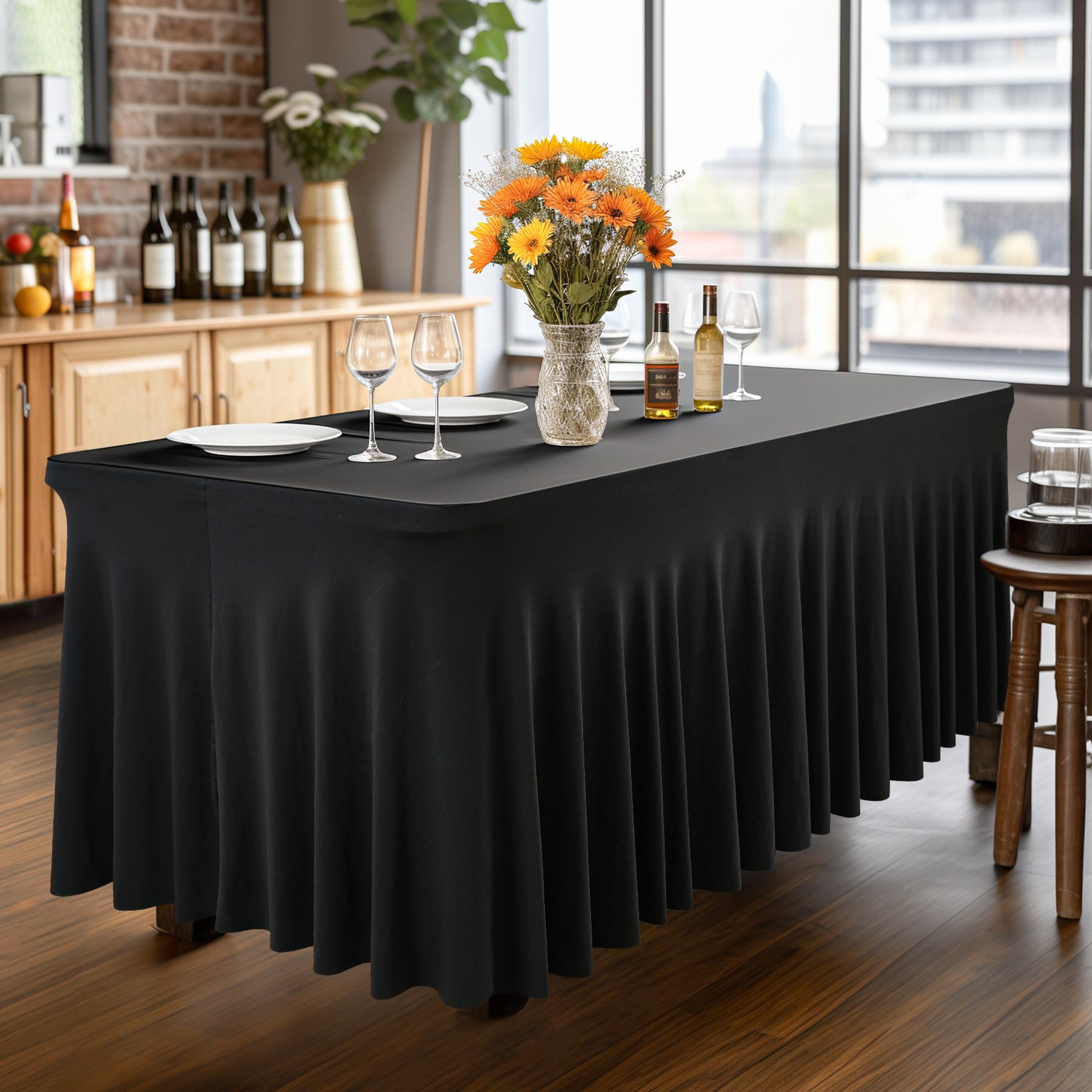 PARTISKY Black Spandex Table Skirt - 6ft Stretchable Folding Table Cover for Rectangle Tables | Perfect for Banquets, Weddings, Birthday Parties & Events | Durable & Elegant Tablecloth for Home & Commercial Use