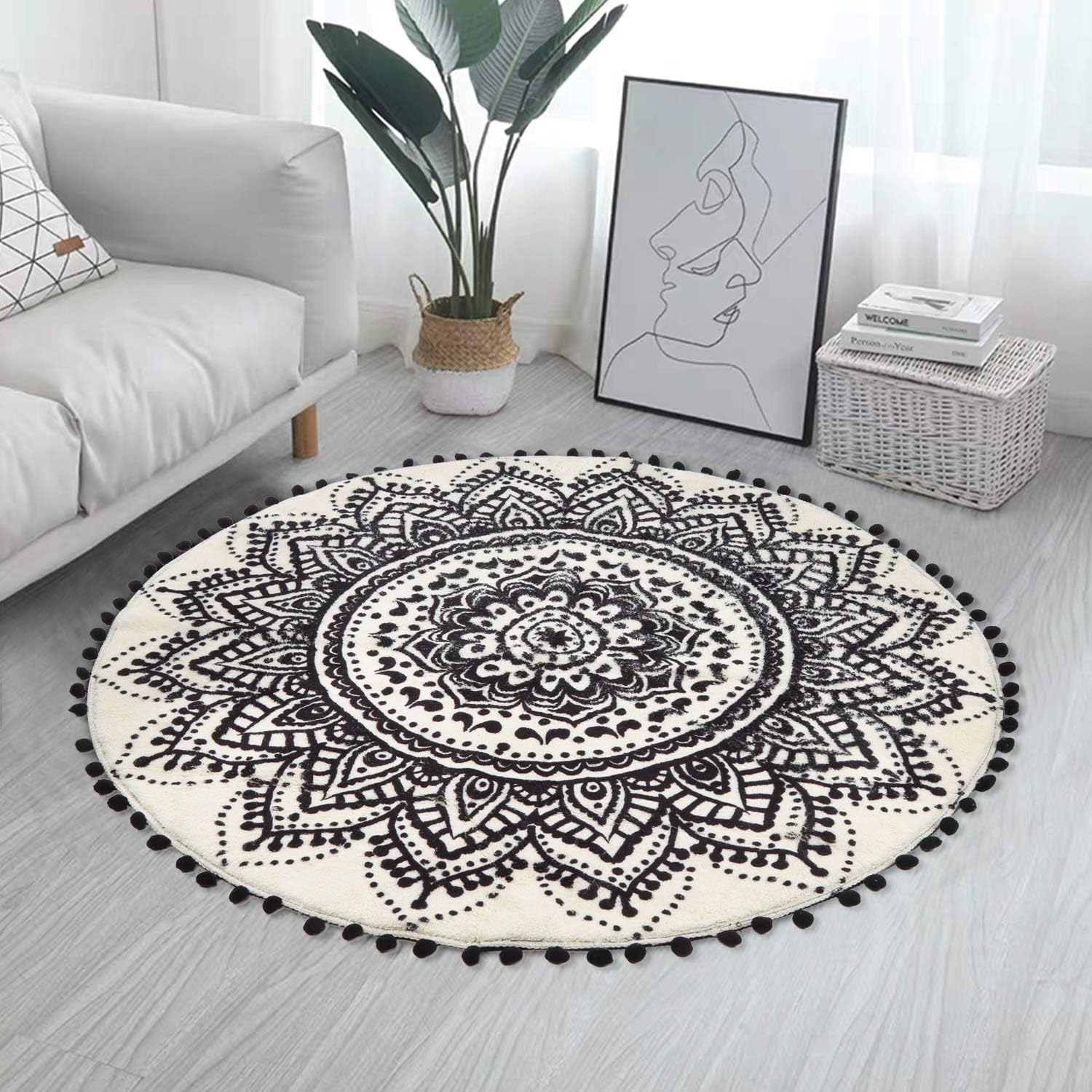 Uphome Boho Round Rug - 3' Circle Beige & Black Washable Non-Slip Floor Mat with Pom Pom Fringe | Perfect for Bedroom, Bathroom, Living Room, Nursery & Entryway | Soft Mandala Accent Rug for Home Decor & Kids Room