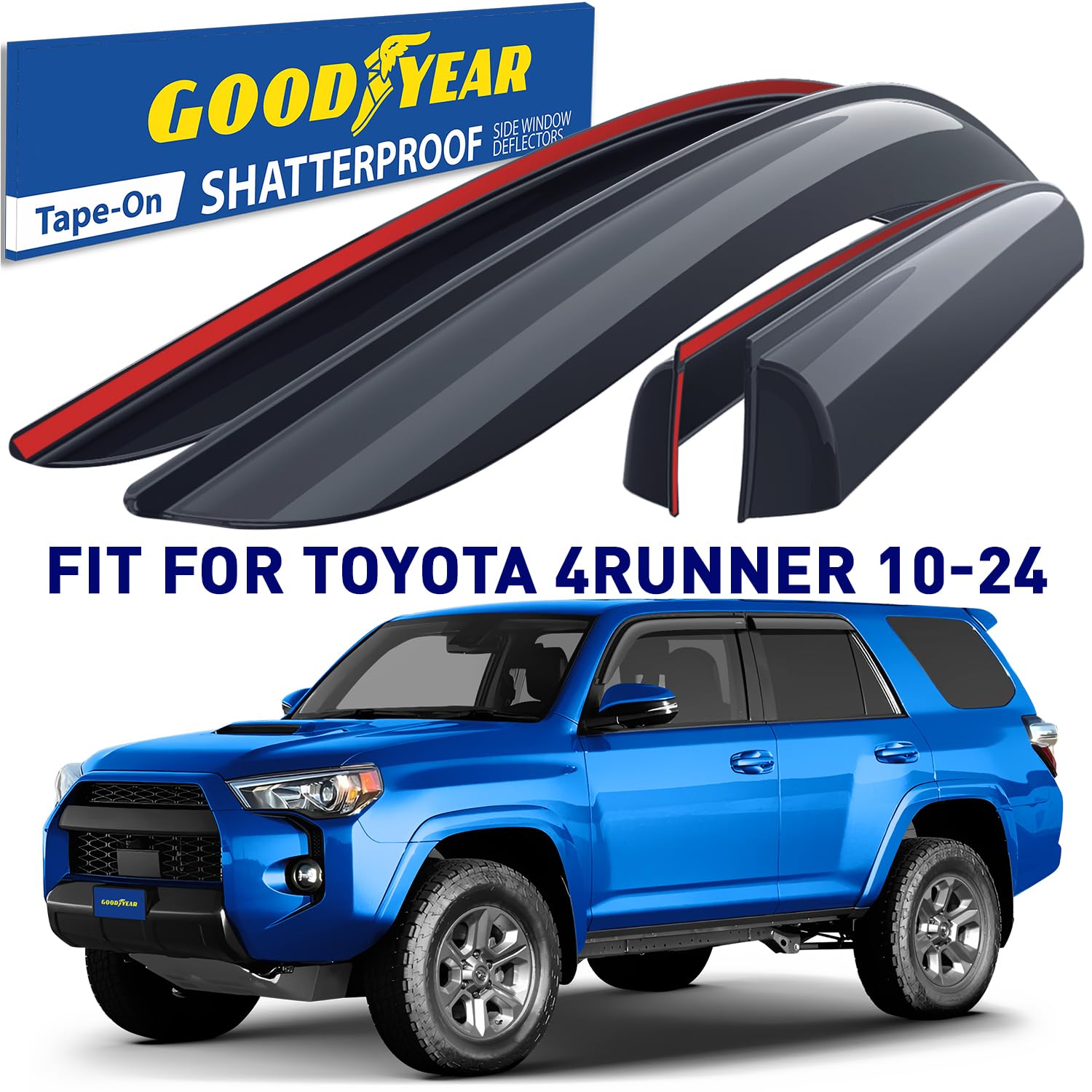 Goodyear Shatterproof Side Window Deflectors for Toyota 4Runner 2010-2024 - 4-Piece Tape-On Rain Guards & Vent Visors - Durable Car Window Deflectors for Weather Protection & Improved Airflow - Perfect for Rainy Days & Highway Driving