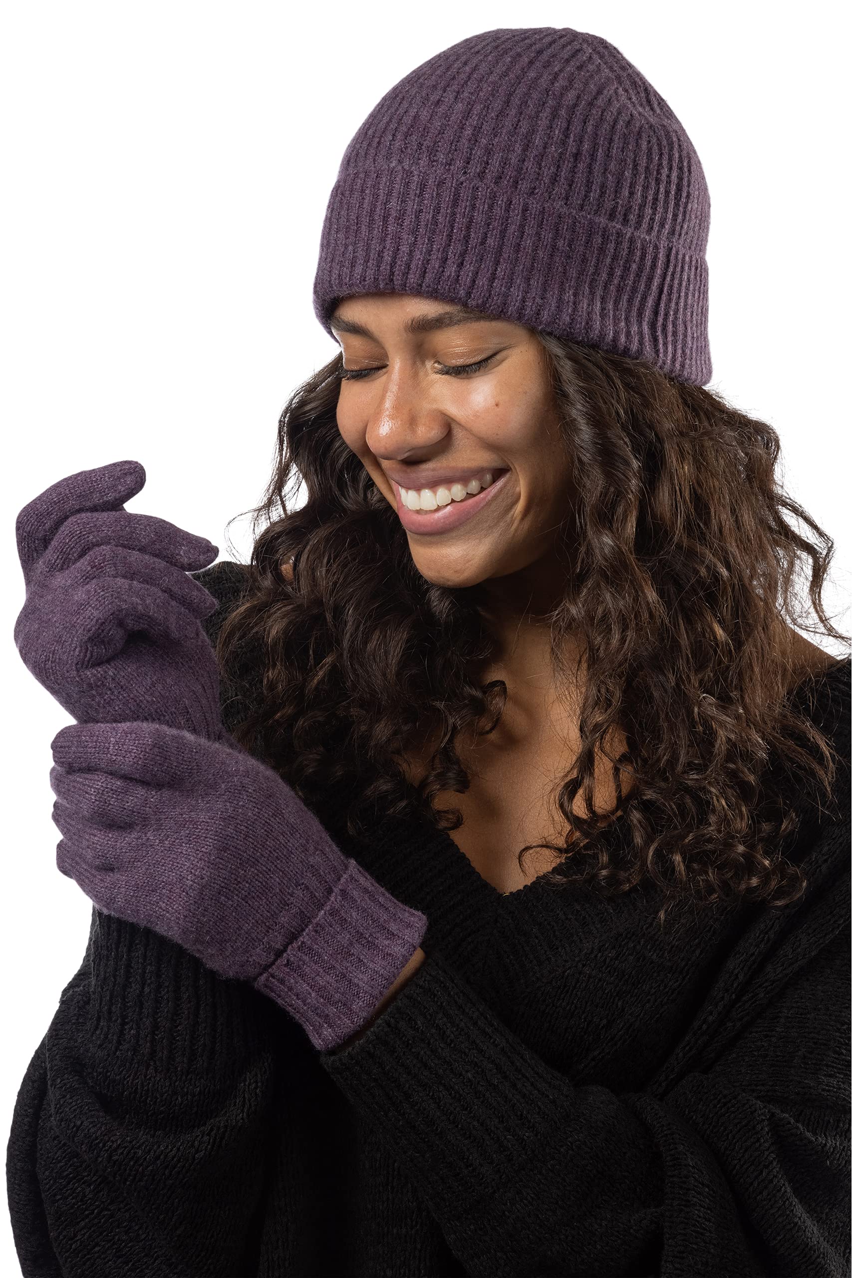 Fishers Finery Women's 100% Pure Cashmere Ribbed Hat and Glove Set - Winter Warm Accessories Gift Box | Perfect for Cold Weather, Skiing, and Holiday Gifts