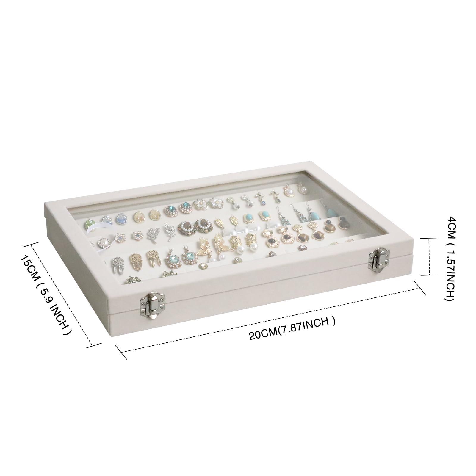 Wudygirl Velvet Earring Organizer with Clear Lid - 64 Slot Jewelry Storage Box with Lock, Beige Jewelry Tray for Earrings, Necklaces & Rings - Perfect for Travel, Home Decor and Gift Giving