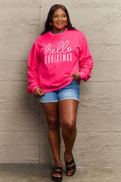 Simply Love Full Size HELLO CHRISTMAS Long Sleeve Sweatshirt - Cozy Holiday Pullover for Women, Festive Winter Outfit, Perfect for Christmas Parties & Family Gatherings