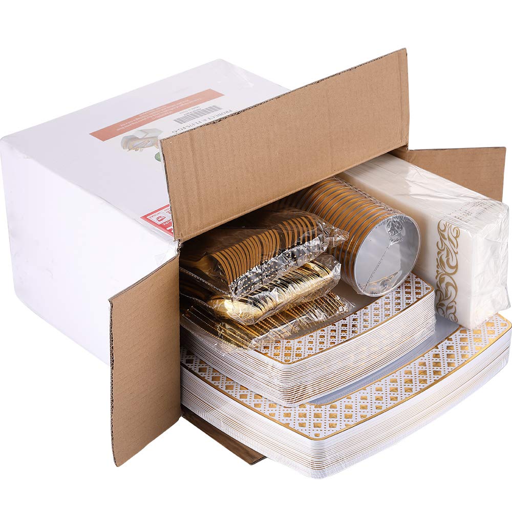 FOCUSLINE 175-Piece Gold Disposable Dinnerware Set for 25 Guests - Elegant Square Plastic Plates with Diamond Design - Includes 25 Dinner Plates, 25 Dessert Plates, 25 Napkins, 25 Cups & 25-Piece Silverware Set - Perfect for Weddings, Parties, Banquets & Special Events
