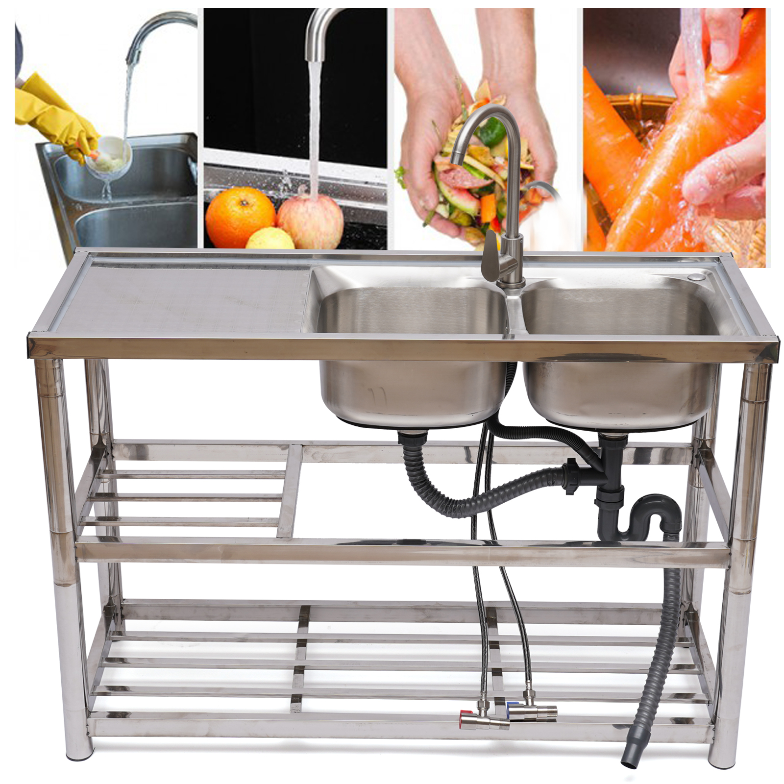 Stainless Steel Double Bowl Kitchen Sink with Hot/Cold Faucet & Drainboard - Durable Utility Sink for Kitchen, Bar, Restaurant, and Clean Room Use