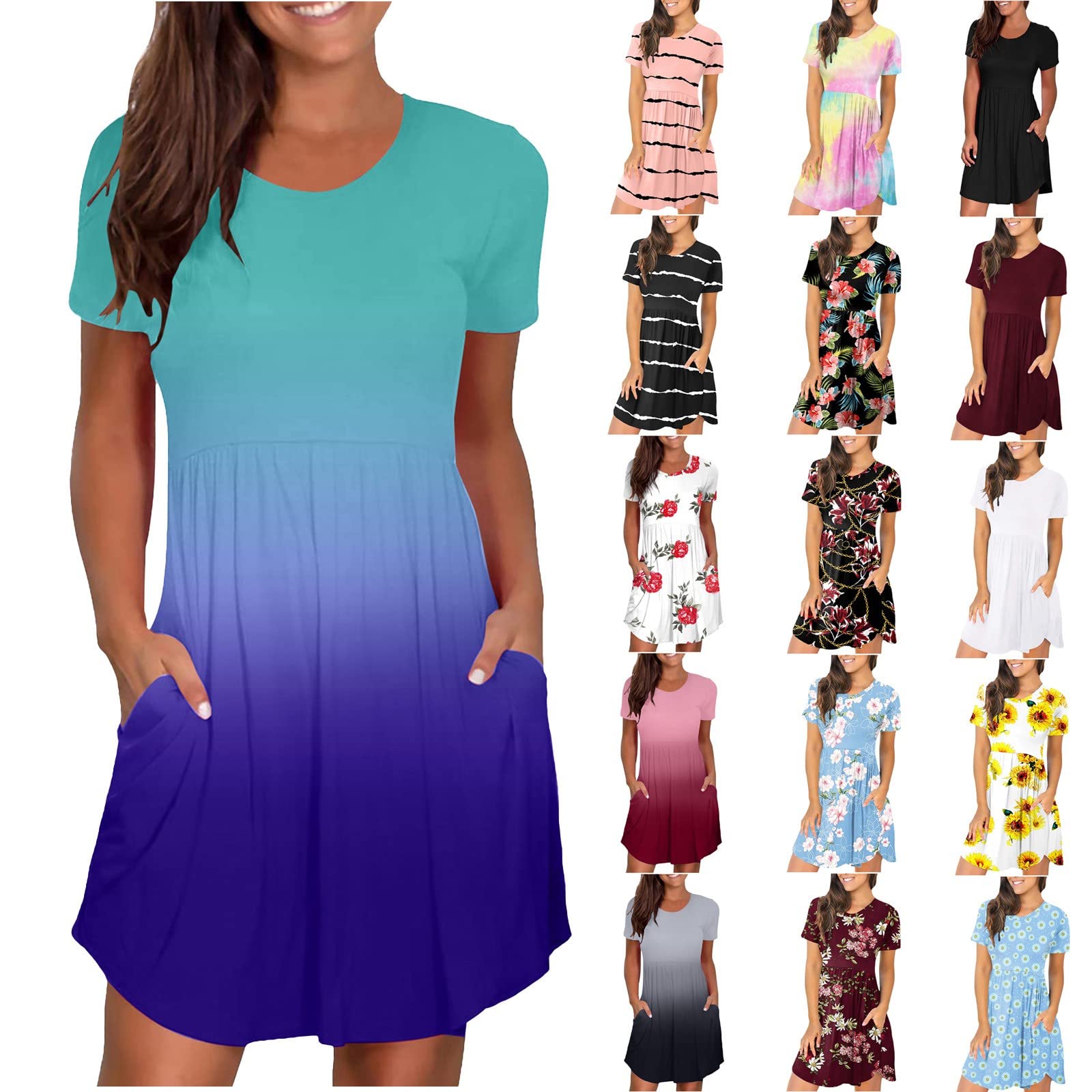 Jsarle Plus Size Casual Dresses for Women - Round Neck Short Sleeve Gradient Pocket Knee Length Tunic Dress for Wedding Guest, Office & Summer Outings