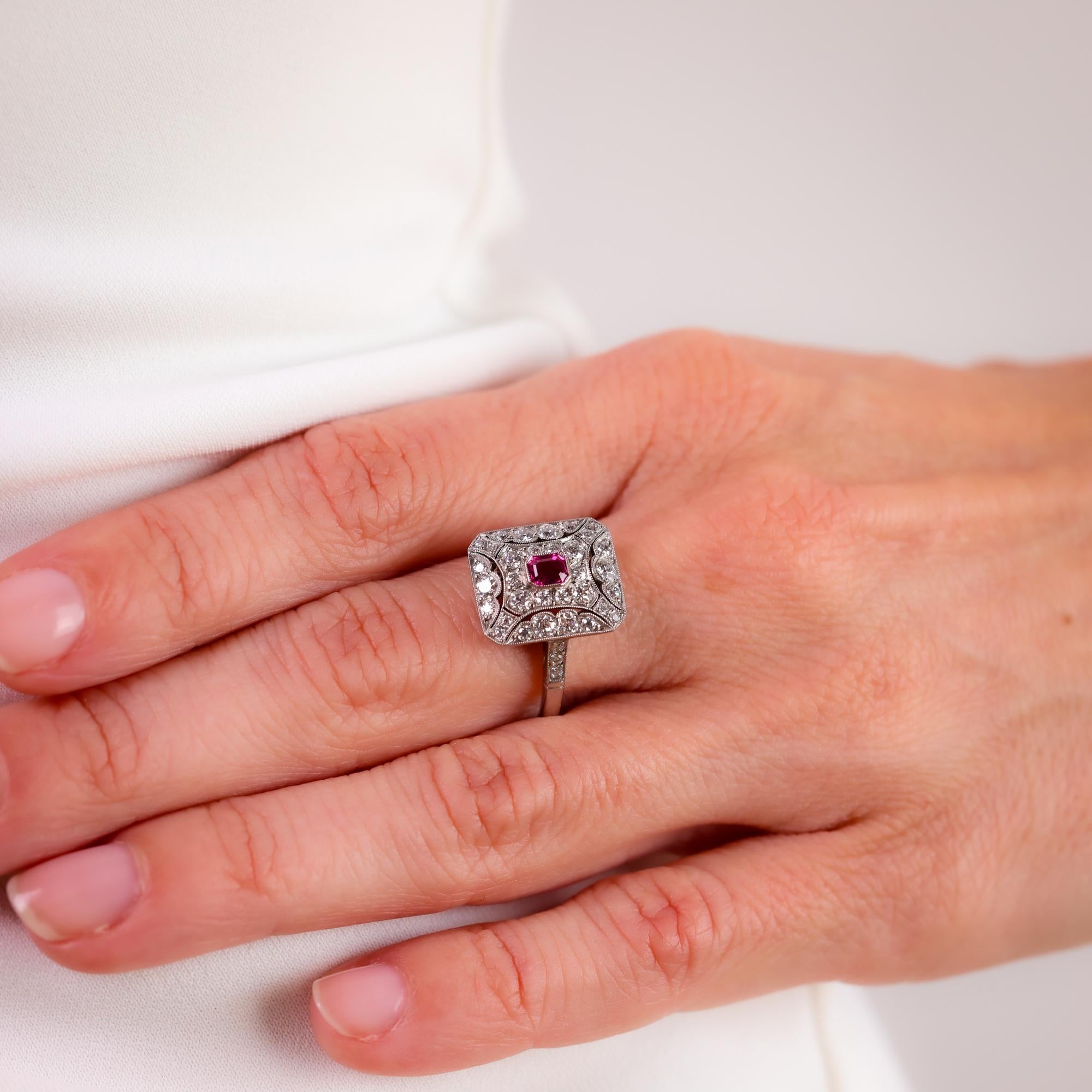 Art Deco Inspired Ruby Diamond Platinum Square Ring for Women - Vintage Style Engagement, Wedding, Anniversary Jewelry Gift