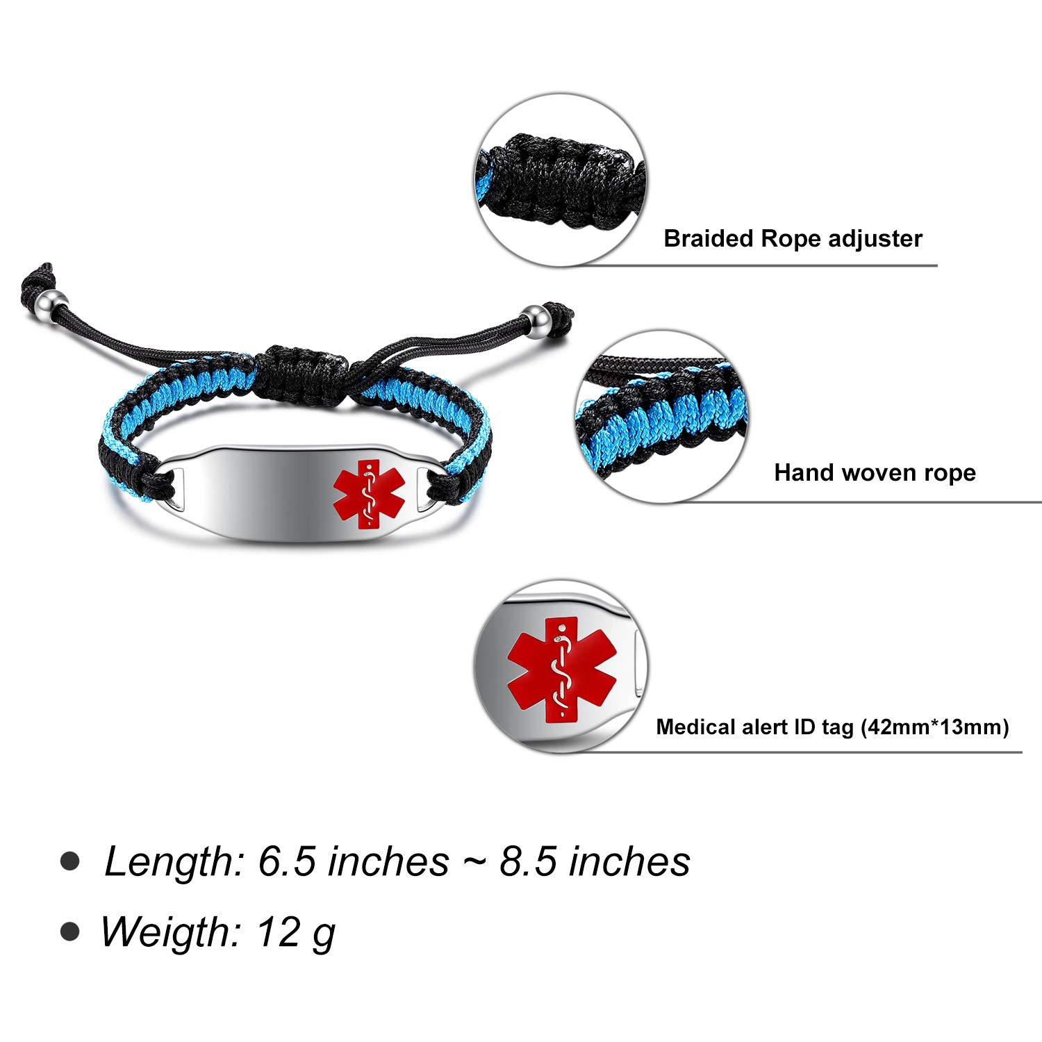 Custom Medical Alert Bracelets for Women - Free Engraving, Adjustable 6.5-8.5 Inches, Handmade Nylon Braided Rope ID Bracelet | Perfect for Allergies, Diabetes & Emergency Medical Identification
