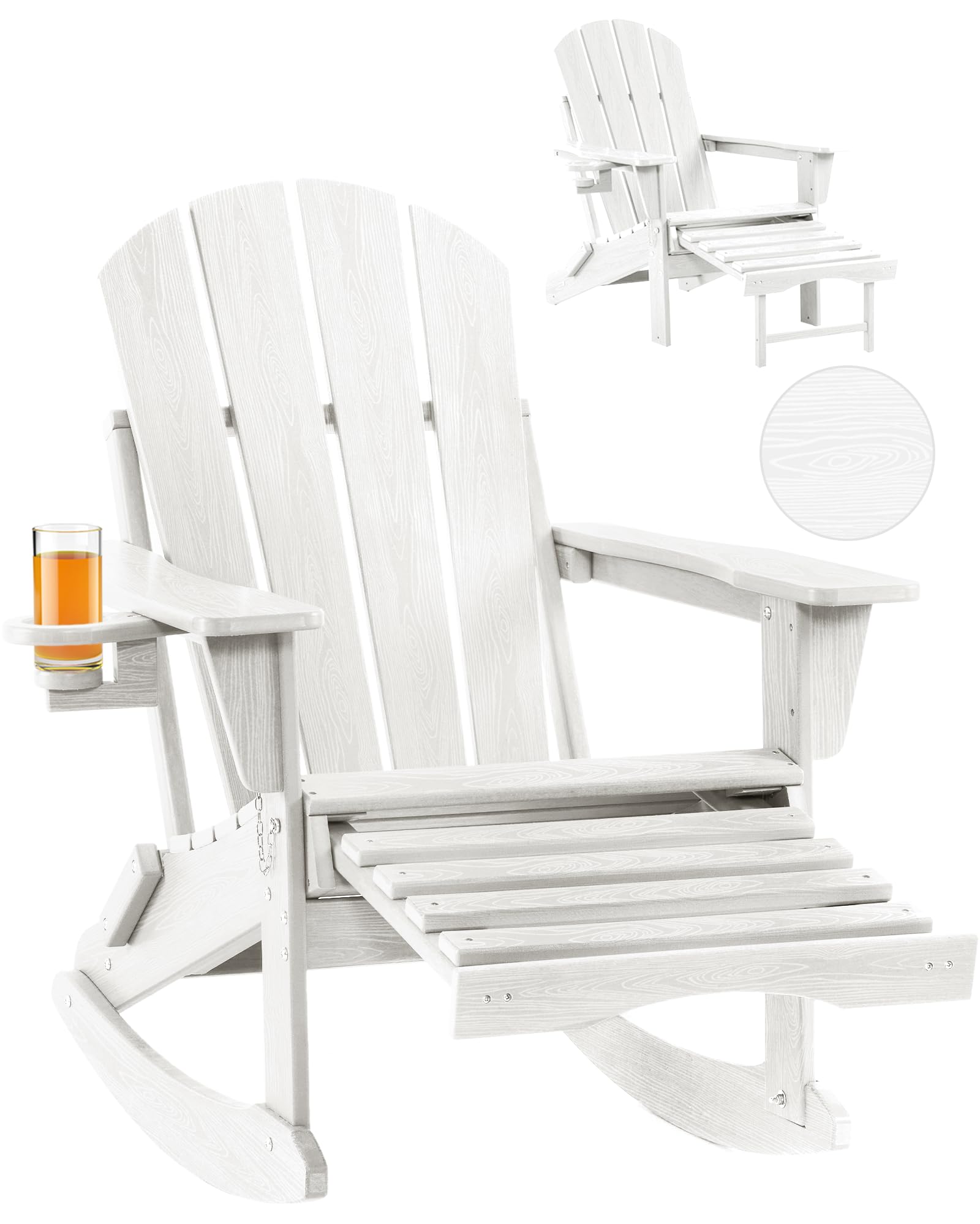 4-in-1 Folding Adirondack Rocking Chair with Retractable Ottoman - Wood Texture Outdoor Patio Chair for Porch, Backyard, Pool & Garden - Comfortable Lawn Furniture for Relaxing, Sunbathing & Outdoor Lounging (White)