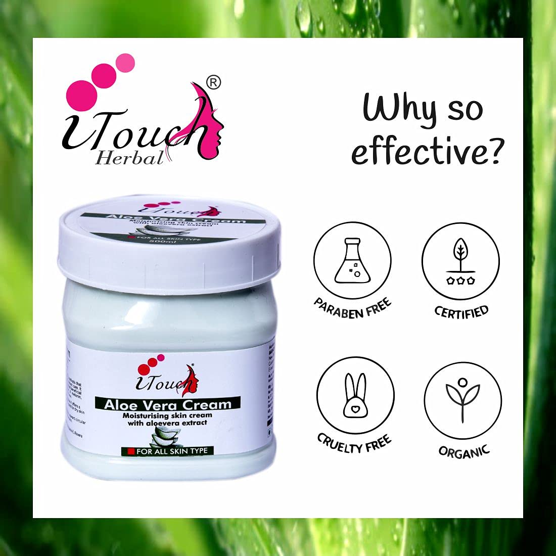 I TOUCH Herbal Aloe Vera Cream for Face & Body - Moisturizing, Whitening & Brightening Cream | Softening & Nourishing Skin Care | 500ml | Perfect for Dry Skin, Sunburn Relief & Daily Hydration