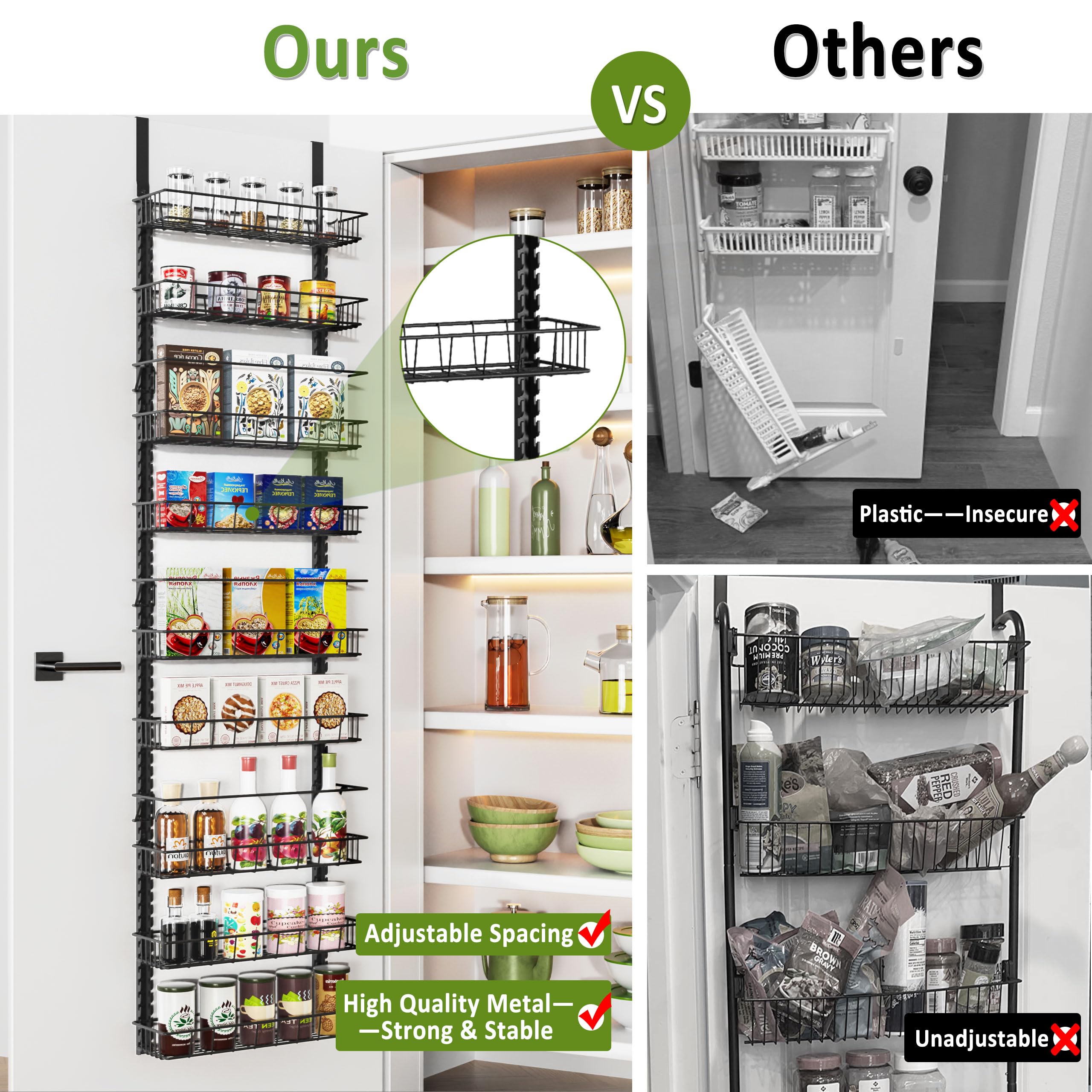 Churboro Over the Door Pantry Organizer - 9-Tier Adjustable Spice Rack with Dual Hanging/Wall Mount Options - Perfect for Kitchen Storage & Small Space Organization (Black)