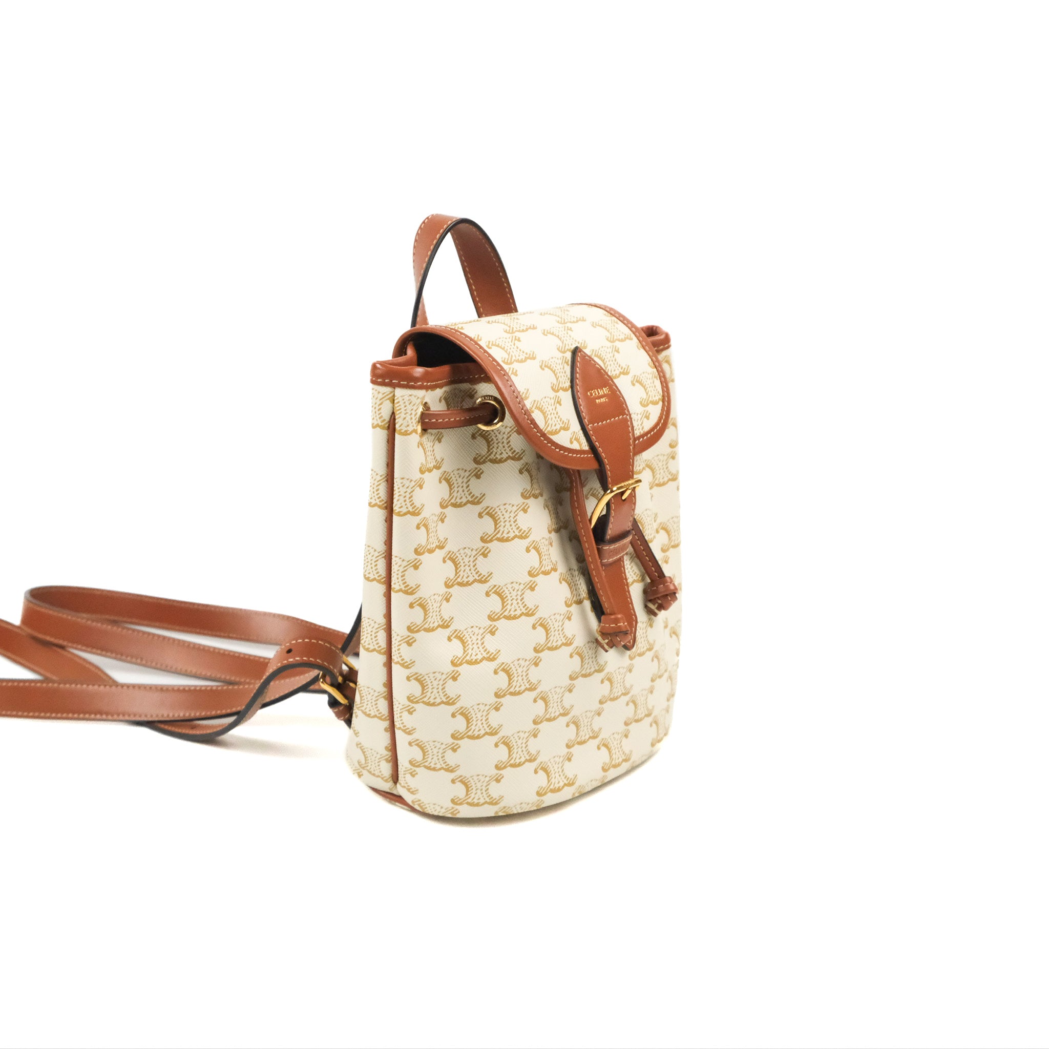 Celine Mini Floco Backpack in Triomphe Canvas - White & Tan Calfskin Leather | Stylish Luxury Backpack for Women, Travel & Everyday Use