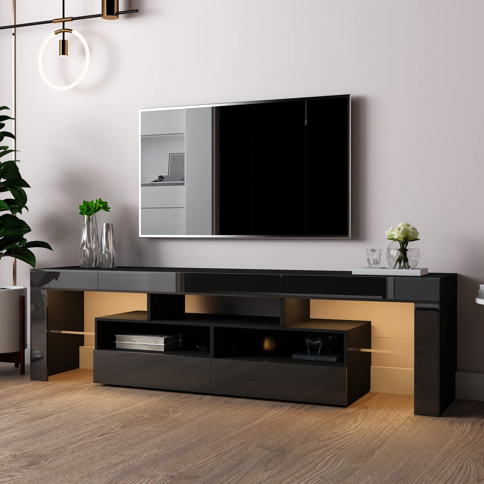 JOYSOURCE 60-70 Inch LED TV Stand with RGB Lights - High Glossy Modern Entertainment Center, Black Wooden TV Cabinet for Living Room & Bedroom - Perfect for Gaming, Movie Nights & Home Theater Setup