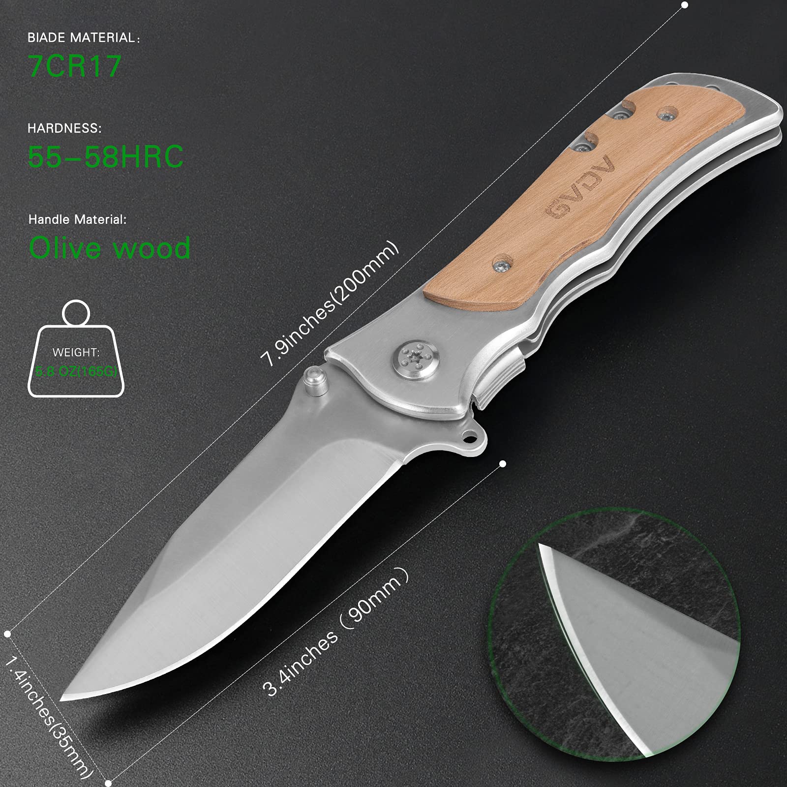 GVDV Tactical Pocket Folding Knife for Men - 7Cr17 Stainless Steel Blade with Safety Liner-Lock - Compact EDC Knife for Camping, Hunting, Fishing & Survival - Silver | Perfect for Outdoor Adventures, Everyday Carry & Emergency Situations