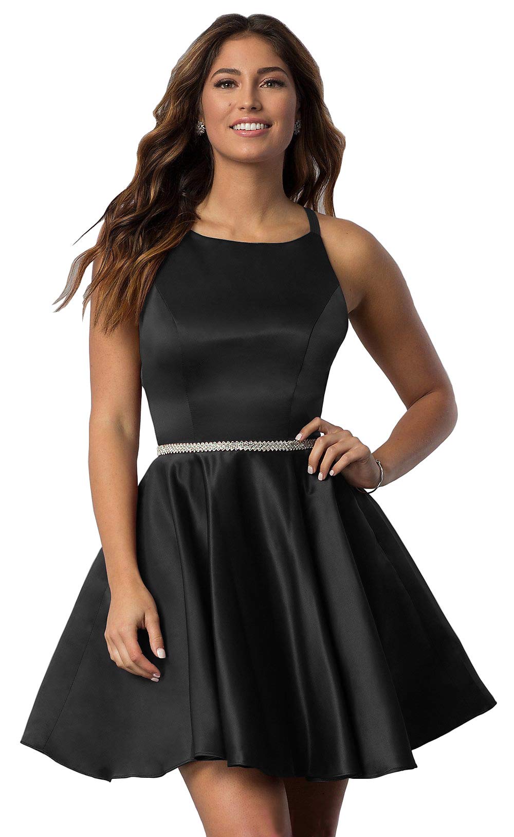 POMUYOO Women's Elegant Scoop Neck Beaded Satin Prom Dress Short Homecoming Party Gown with Pockets - Perfect for Prom, Homecoming, Cocktail Parties & Special Occasions
