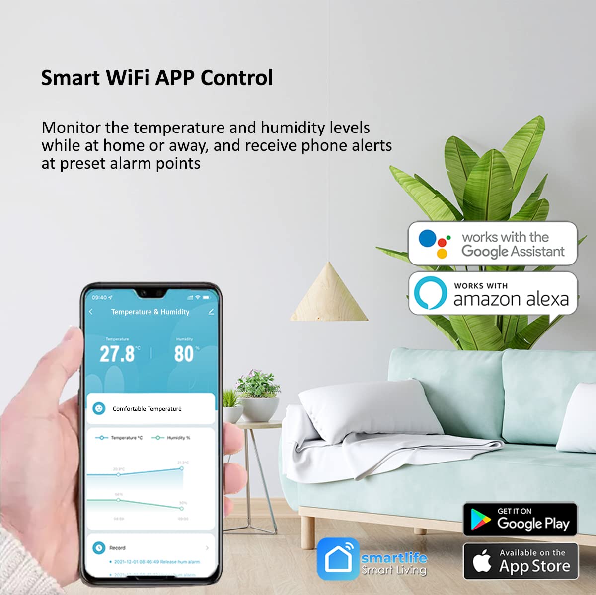 Smart WiFi Temperature and Humidity Sensor (2 Pack) - Battery Powered, Phone Alerts for Pre-Set Alarms, Compatible with Smart Life & Tuya Apps, Google Home, Alexa, iOS & Android - Ideal for Home, Office & Greenhouse Monitoring
