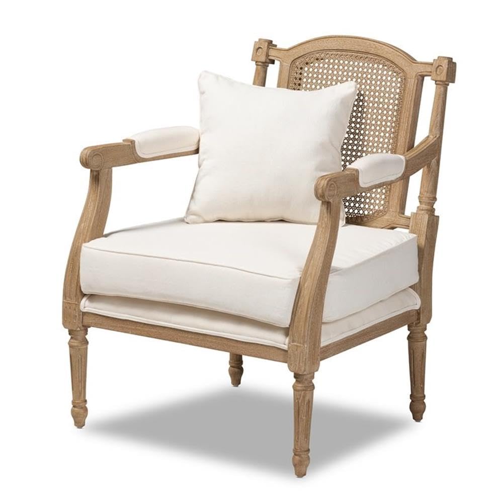 Baxton Studio Clemence Ivory Upholstered Whitewashed Wood Armchair - Modern Farmhouse Dining Chair for Kitchen, Living Room & Office