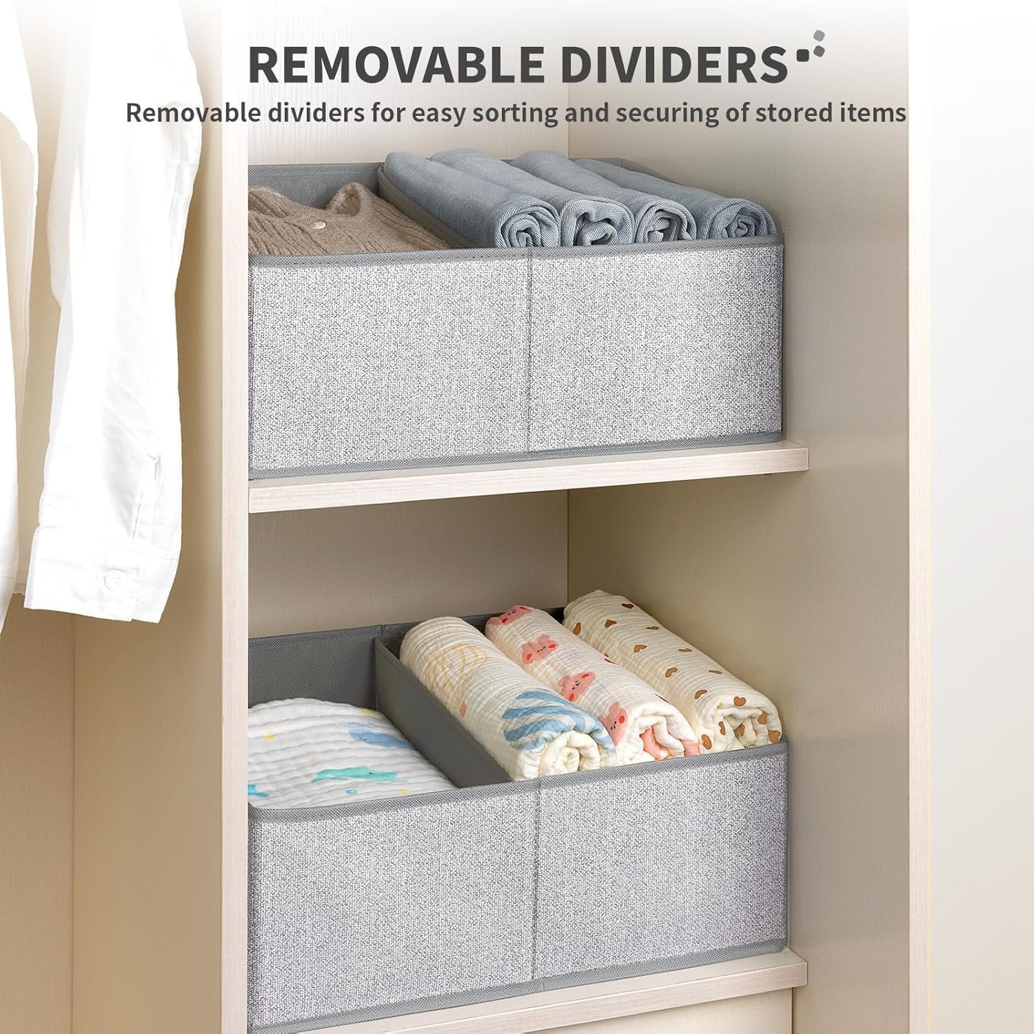 DIMJ Foldable Trapezoid Storage Bins - 4 Pack Closet Organizers with Handles & Dividers | Space-Saving Clothes, Toy & Home Organization Baskets for Bedroom, Living Room & Shelves | Perfect for Kids Room, Nursery & Closet Storage Solutions